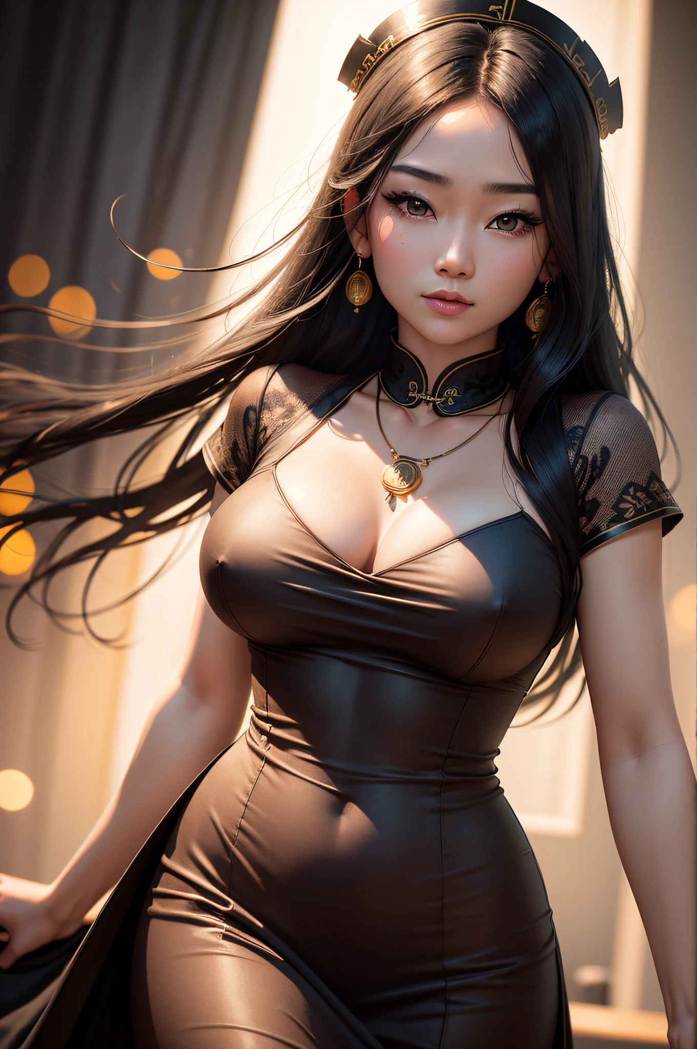 Best Quality, Masterpiece, Hi-Res, One Girl, Cheongsam, Headwear, Necklace, Jewelry, Beautiful Face, upon_body, Tyndall Effect, Photorealistic, Dark Studio, Rim Lighting, Two-Tone Lighting, (High Definition Skin: 1.2), 8k uhd, dslr, soft lighting, high quality, volumetric lighting, candid, photography, high resolution, 4k, 8k, bokeh,
