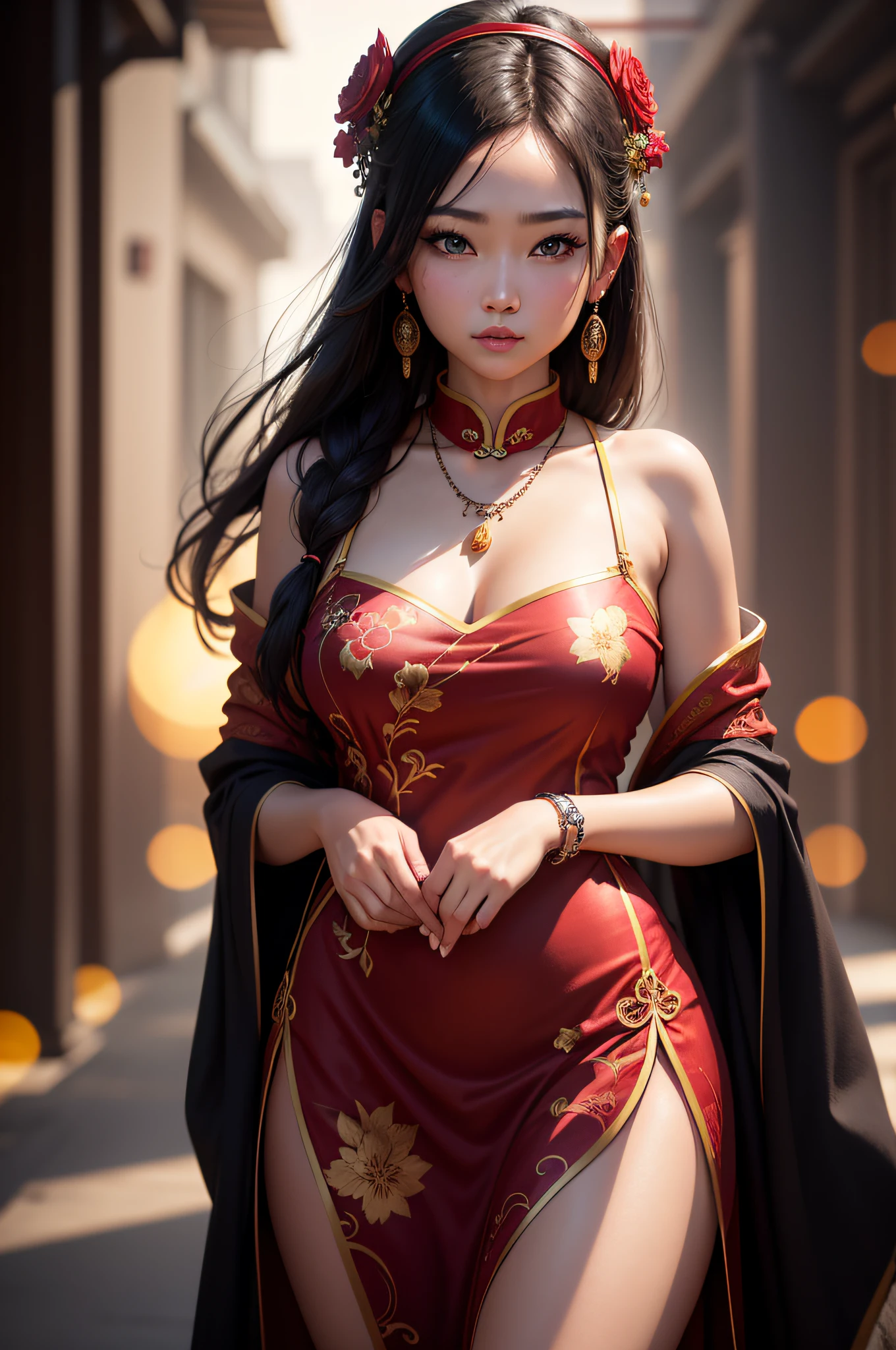 Beautiful Chinese woman with flirtatious smile, Wearing golden lace, red and yellow Hanfu, Drop your shoulders, seductive cleavage, Yellow eyes, Leaning forward, Focus on the audience, state&#39;s, split, HD, UHD, Wallop, artistic sprout, long braid hair, grow long hair, realistic eyes, Very detailed目, natural skin, natural skin texture, Scattered under the surface, calm colors, skin pores, perfect face, perfect eyes, perfect lips, Soft female form, outstanding, cinematic, Cinema lights, Very detailed, surreal, masterpiece, in the atmosphere, High resolution, Lively, high contrast, Vignetting, 8K, HDR, 500 pixels, Look from above, bust