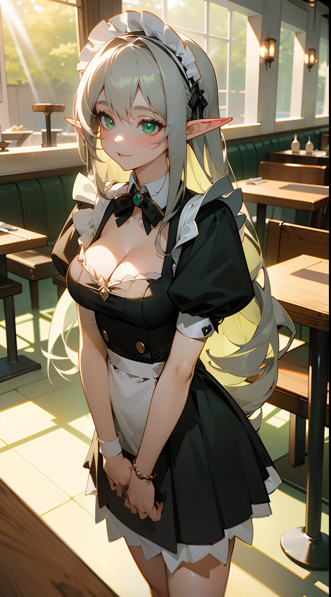 1girl,solo,happy,white and black maid outfit,cleavage,medium tits,elf ears,gray hair,long hair,drill hair,green eyes,(((standing in a restaurant,sunlight))),cowboy shot