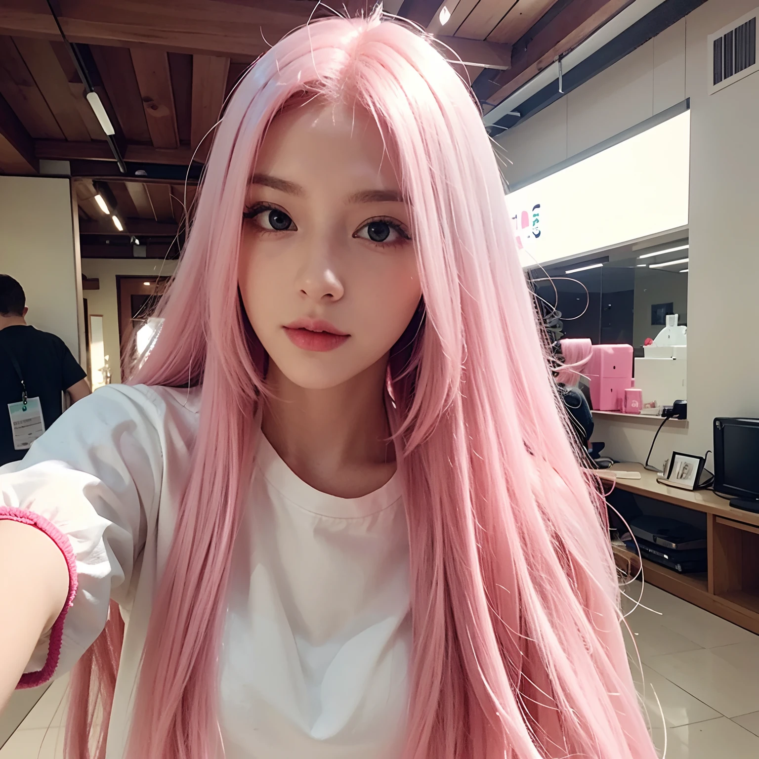 Selfie of a White girl with long pink hair