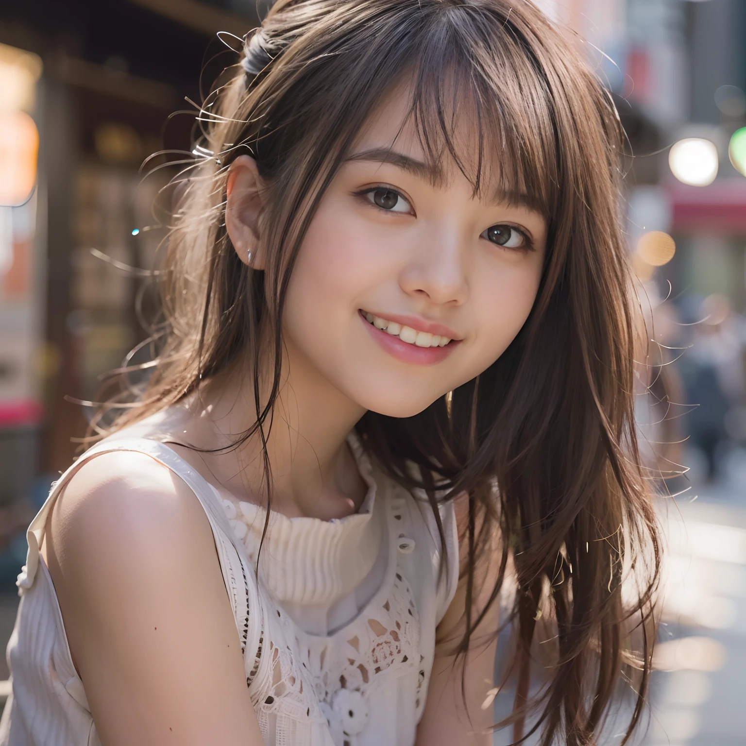 (​masterpiece)、((top-quality))、(ultra-detailliert)、((extremely delicate and beautiful))、(((incredibly absurdness)))、((perfect bodies)))、1girl in、独奏、A dark-haired、{{{maternal}}}、Medium chest、Happy smile、white t-shirts、mare+Background with、Sun flower、dynamic ungle、female focus on、{Particles of light}、细致Background with、((paul hedley)))、Soft lighting、Evening glow、Orange sunset、Happy smile、Live action、realisitic、Looking at the camera、Angle from above、cute smile face、the background is blurred.