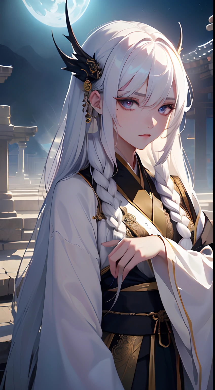 ((Need)), ((tmasterpiece)), (A detailed),(masterpiece, best quality:1.2), Anime(((MALE:1.3)))) ((Bishōnen:1.3)) calm and cold MALE SORCERER (((WHITE_LONG_HAIR:1.3)))_s.3orcerer(((White_ancient_hanfu:1.2))) summoning_glowing_magic, detailed_face, perfect_composition, detailed_expressive_thin_eyes, hyperdetailed_face, hyperdetailed_white_long_hair, perfect_hands, dark lighting, heavy shadows, very detailed, amazing view, manhua style, Ethereal beauty,(fantasy illustrations:1.3), Seductive gaze, captivating posture,  otherworldly charm, (Luis Royo:), (Yoshitaka Amano:1.1), Moon Night, pastelcolor,  (A high resolution:1.2)，Close-up shot，Close-up shot, Zhang Xiaobai, Xia Da, pixiv, Ava Nam Co, masterpiece, high quality