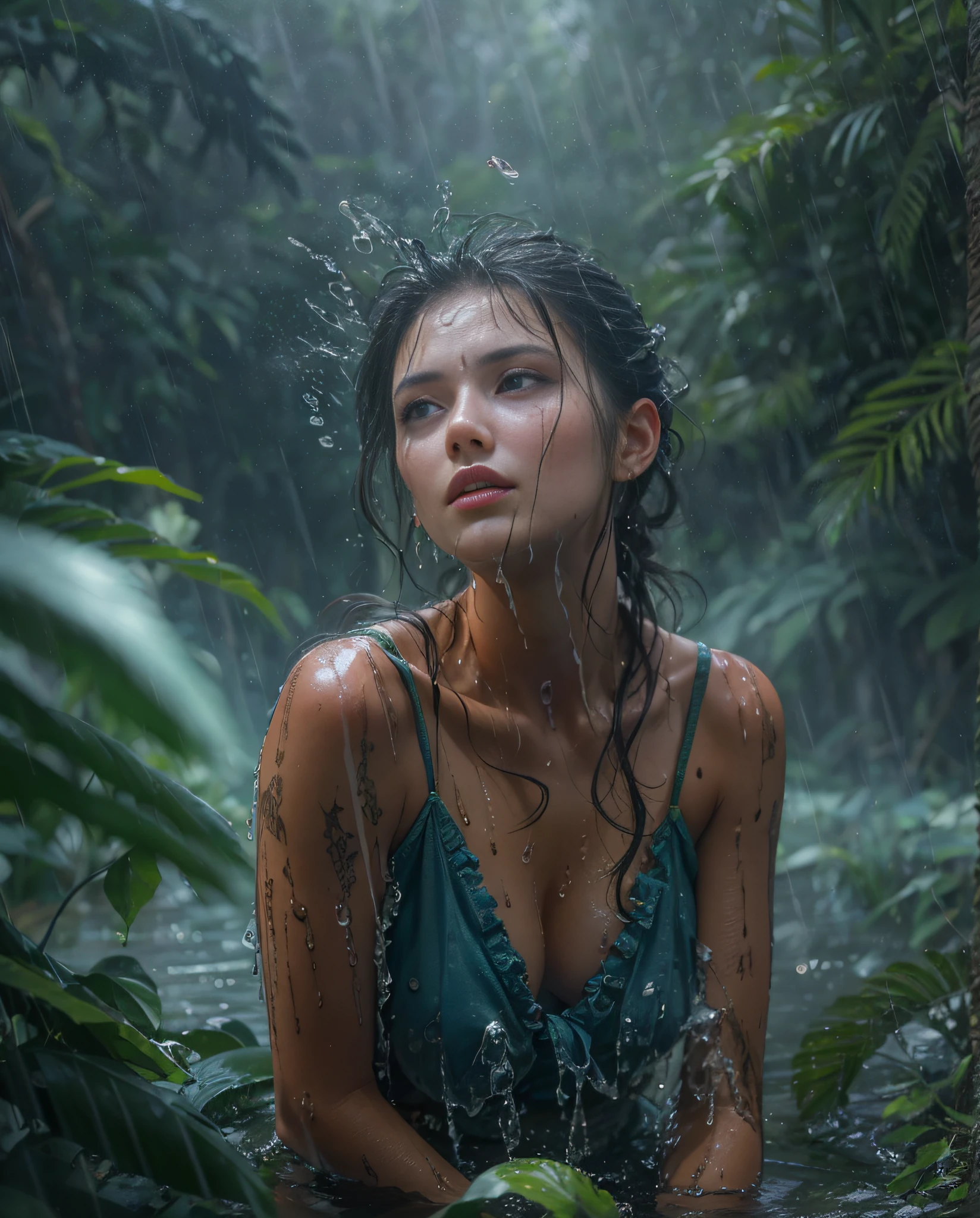 Best quality, masterpiece, meticulous detail, realistic, 8k, hi-res, RAW photo, photorealistic, a mystical lady getting wet in the middle of rainforest, raining heavily, makeup washed away by the rain water