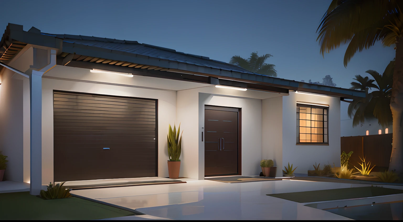There is a garage door and a potted plant outside, night time render, render 3d bem iluminado, high-quality render, cinematic outdoor lighting, 3 d render mesmo aceso, an award winning digital render, award winning render, Modern setting, award winning render, dramatic rendering, dramatic lighting render, realistic cgi render, obra-prima premiada