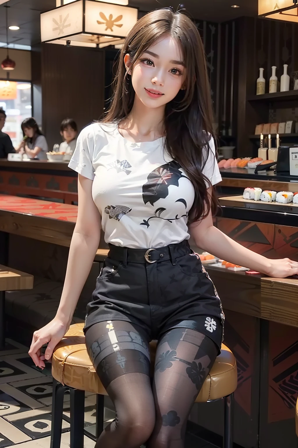 (((1girl in)):1.3),((anatomy correct):1.45)，(Manset T-Shirt Shorts)、(Torn low-rise black shorts:1.2),((((((Patterned))))) ,(pantyhose):1.3),( Camel colored boots:1.1)，Structurally correct,  high detailing, super detailing、((A smile))、((Take a seat at the counter))、full body Esbian、Beautiful Face Woman、32years old、((very Bigger breasts))、pointed chest、long eyeslashes、Colorcon、Big 、Very detailed eyes、Highly detailed eyebrows、（Sharp Eyebrows）、（Thin eyebrows）、Japan sushi restaurant、Sushi on the counter、(sit a chair)、(((Sushi restaurant counter)))、brunette disheveled hair