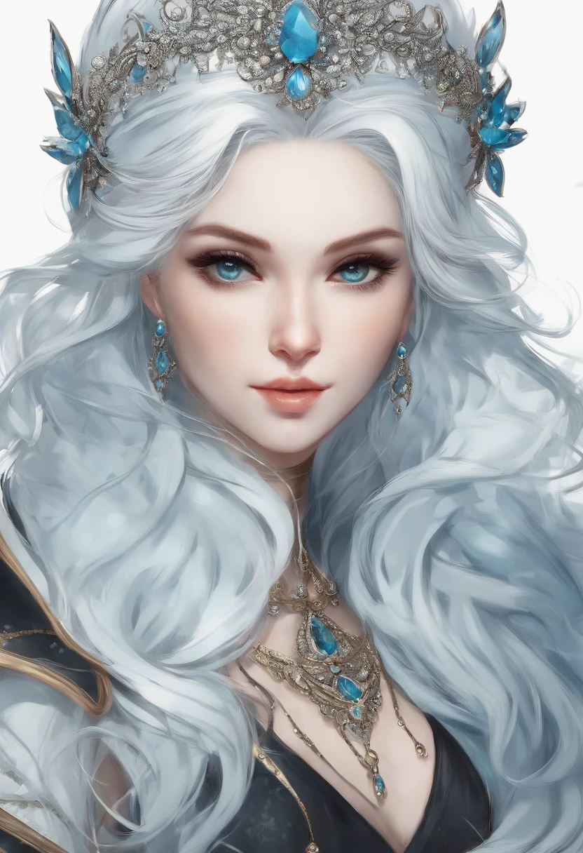 (master part, melhor qualidade), 8K分辨率, DBfantasyart style, anime style, retrato de uma mulher, orelhas de elfos, cabelos longos, cabelos de cor roxa, longos cabelos roxos, pale blue skin, roupa preta, peitos grandes, bunda grande, olhos negros, fundo branco simples