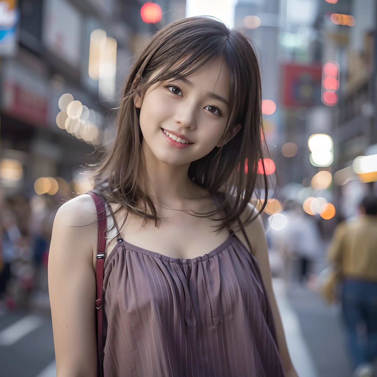 1人、on tokyo street、A city scape、The upper part of the body、a closeup、A smile、、(8K、Raw photography、top-quality、masterpiece:1.2)、(realisitic、photoRealstic:1.37)、Highly detailed eyelash drawing、(((Top image quality))),small tit、Fine skin, (Beautiful hair), (Perfect Anatomy), (Realistic), (Dynamic Angle), Pose Seductive,Perfect,Sensual look、top-quality、hight resolution、Happy smile