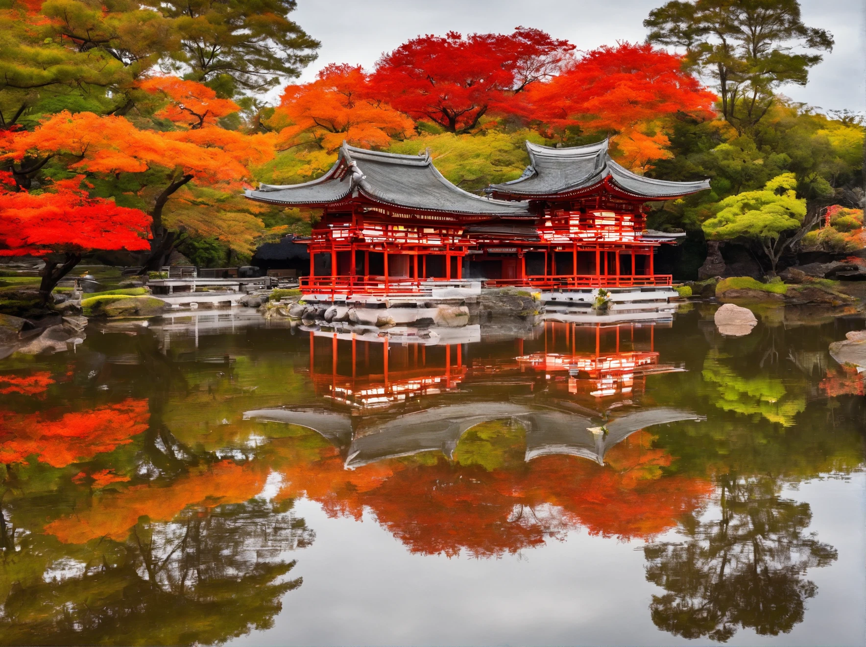 The Byodo-in Phoenix Hall reflected on the surface of the lake, the real Byodo-in Phoenix Hall, and the surrounding area showing the vivid colors of autumn, mainly yellow, green, orange, and red, and the Byodo-in Phoenix Hall reflected on the surface of the lake. There are even more decorations, yellow, green, orange, and red autumn leaves floating on the surface of the lake, and the sky is clear, making the whole thing feel autumnal, (The pond is about half the size of a baseball field, and the water is so clear that you can see carp swimming around.),