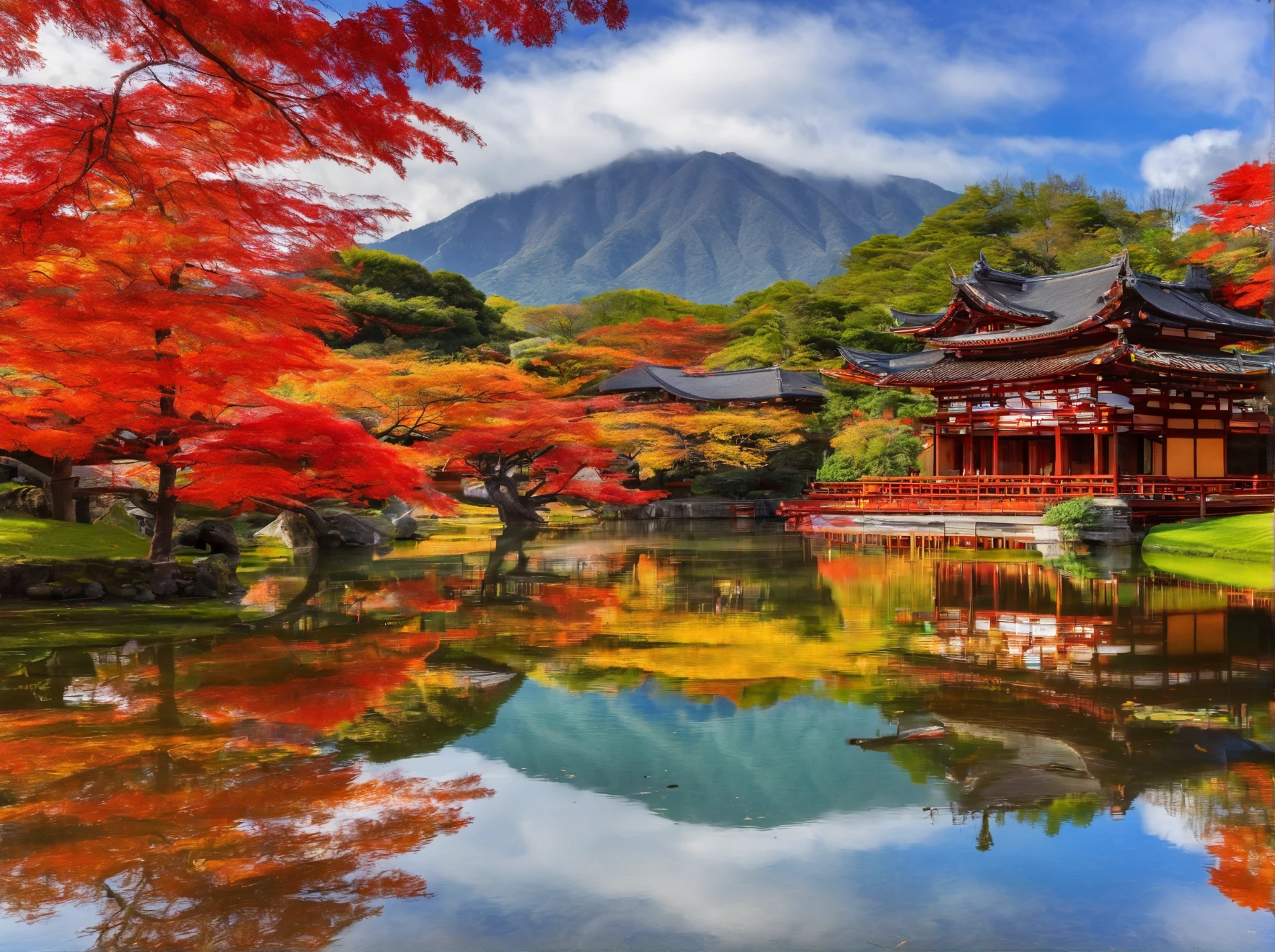The Byodo-in Phoenix Hall reflected on the surface of the lake, the real Byodo-in Phoenix Hall, and the surrounding area showing the vivid colors of autumn, mainly yellow, green, orange, and red, and the Byodo-in Phoenix Hall reflected on the surface of the lake. There are even more decorations, yellow, green, orange, and red autumn leaves floating on the surface of the lake, and the sky is clear, making the whole thing feel autumnal, (The pond is about half the size of a baseball field, and the water is so clear that you can see carp swimming around.),