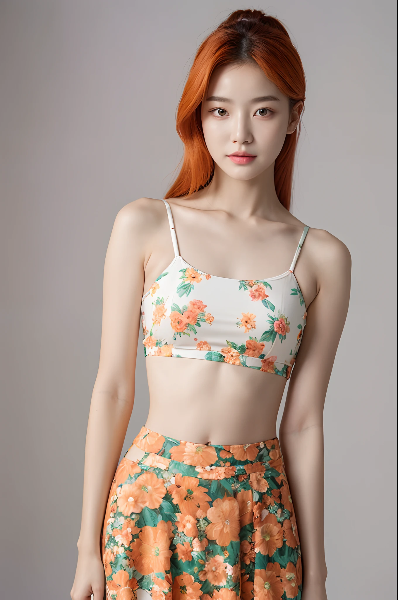A beautiful woman standing, wearing two piece floral dress, pale skin, smooth pale skin, skin tune pink, perfect body, detailed body, ((round big breast, small titts, big hips)), cute face, orange hair, super detailed, 8k