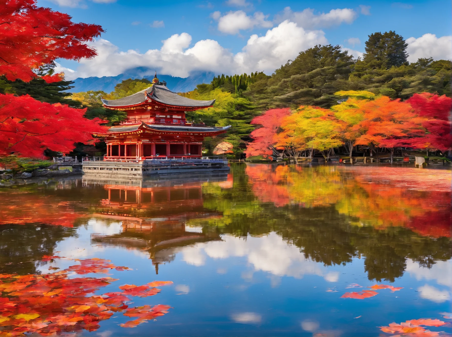 The Byodo-in Phoenix Hall reflected on the surface of the lake, the real Byodo-in Phoenix Hall, and the surrounding area showing the vivid colors of autumn, mainly yellow, green, orange, and red, and the Byodo-in Phoenix Hall reflected on the surface of the lake. There are even more decorations, yellow, green, orange, and red autumn leaves floating on the surface of the lake, and the sky is clear, making the whole thing feel autumnal, (The pond is about half the size of a baseball field, and the water is so clear that you can see carp swimming around.),