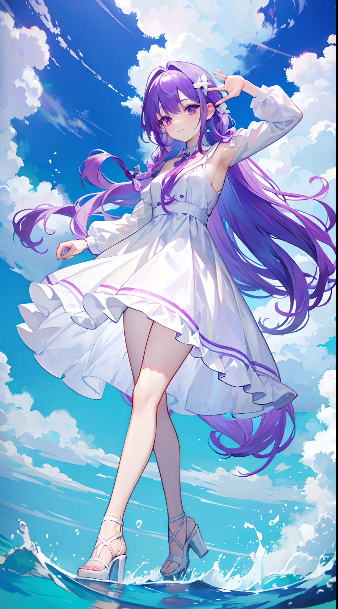 Purple colored hair，long whitr hair，Purple eyes，Twist braids，adolable，teens girl，White gorgeous beautiful dress，Wearing white high heels on his feet，Stand on the water with your feet，Full body photo from the side，All body，Fingers and arms are not exposed，background ocean，with blue sky and white clouds，Happy and happy expression，Cute gestures