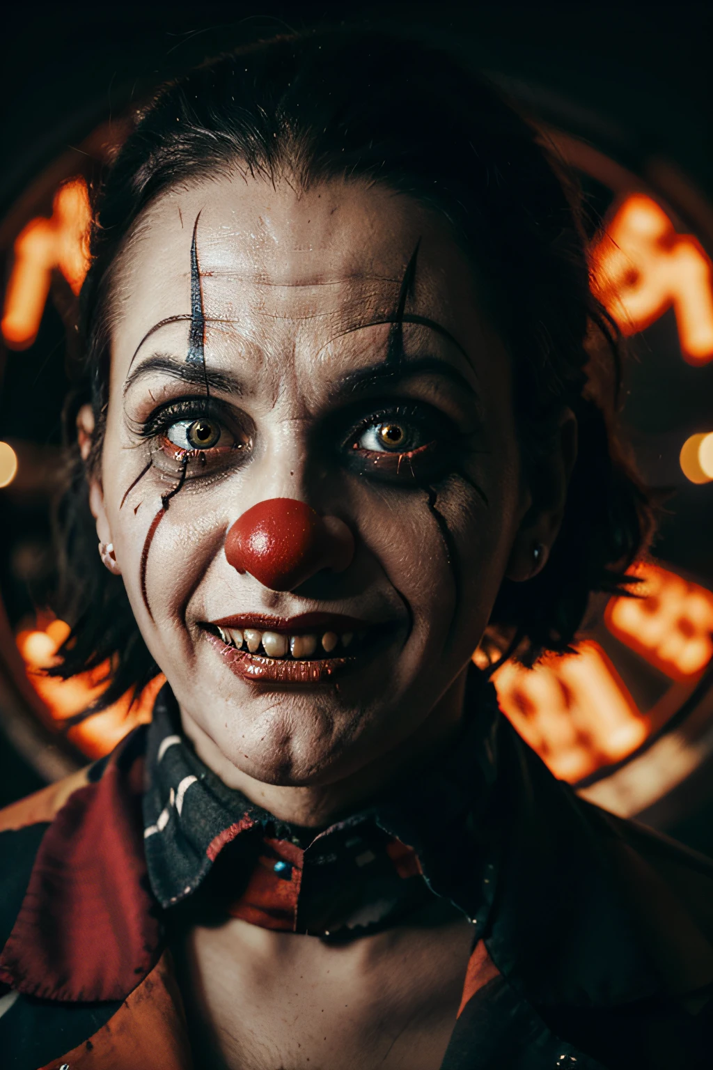 Horror clown and creapy funfair or circus. Concept of evil and fear. Designed using generative ai.