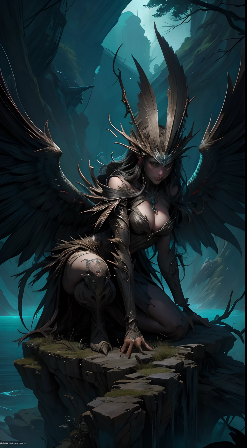 a Harpyia is a mythological creature that combines bird and human elements. Their body resembles a woman with human hands and head, resting on the edge of a high cliff overlooking a calm sea. Show them gazing at the horizon with a sense of tranquility. The backdrop should feature a vast, endless ocean, Horror Art of Fiction, Science fiction horror artwork, inspired by Aleksi Briclot, Crocs de carnage, Horror fantasy art, par Aleksi Briclot, Horror concept art, venin, Art fantastique et horreur, Detailed illustration of 4K horror,Dark Fantasy Horror Art