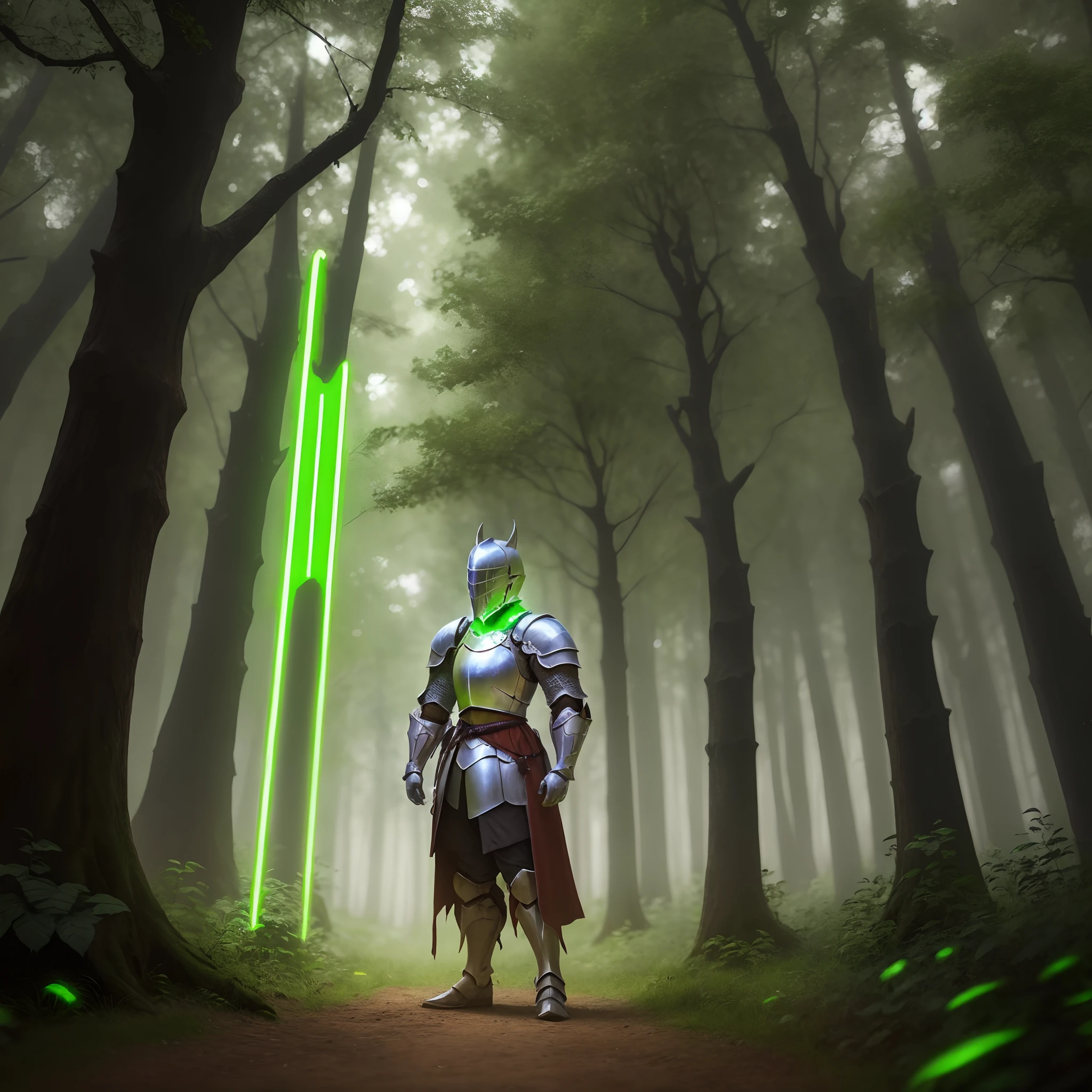 Gypsy knight in enchanted forest with small neon green luminous dots in the scenery
