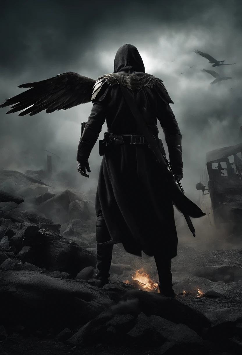 (best quality,4K,ultra-detailed,realistic:1.2),Angels without wings,black clothes,dark cape,one pistol,war background image (chaos),background lettering in the sky (T1G),head hood,war zone,combat scene,fire and smoke,silhouette figures,shattered buildings,tension and suspense,dramatic lighting,moody atmosphere,raised dust,explosion debris,heavy artillery,dystopian landscape,dark and gloomy,stark contrast,sparse environment,mysterious and haunting,ominous sky,desolation,vivid colors,high contrast,sharp focus,ultimately detailed,powerful presence,warrior spirit,heroic figure,sacred warriors,stern expression,grim determination,engaging gaze,armed conflict,action-packed,combat against odds,defending justice,guardian angels,rebellious spirits,unyielding strength,revengeance,devotion and sacrifice,unseen battle,unrest and chaos.