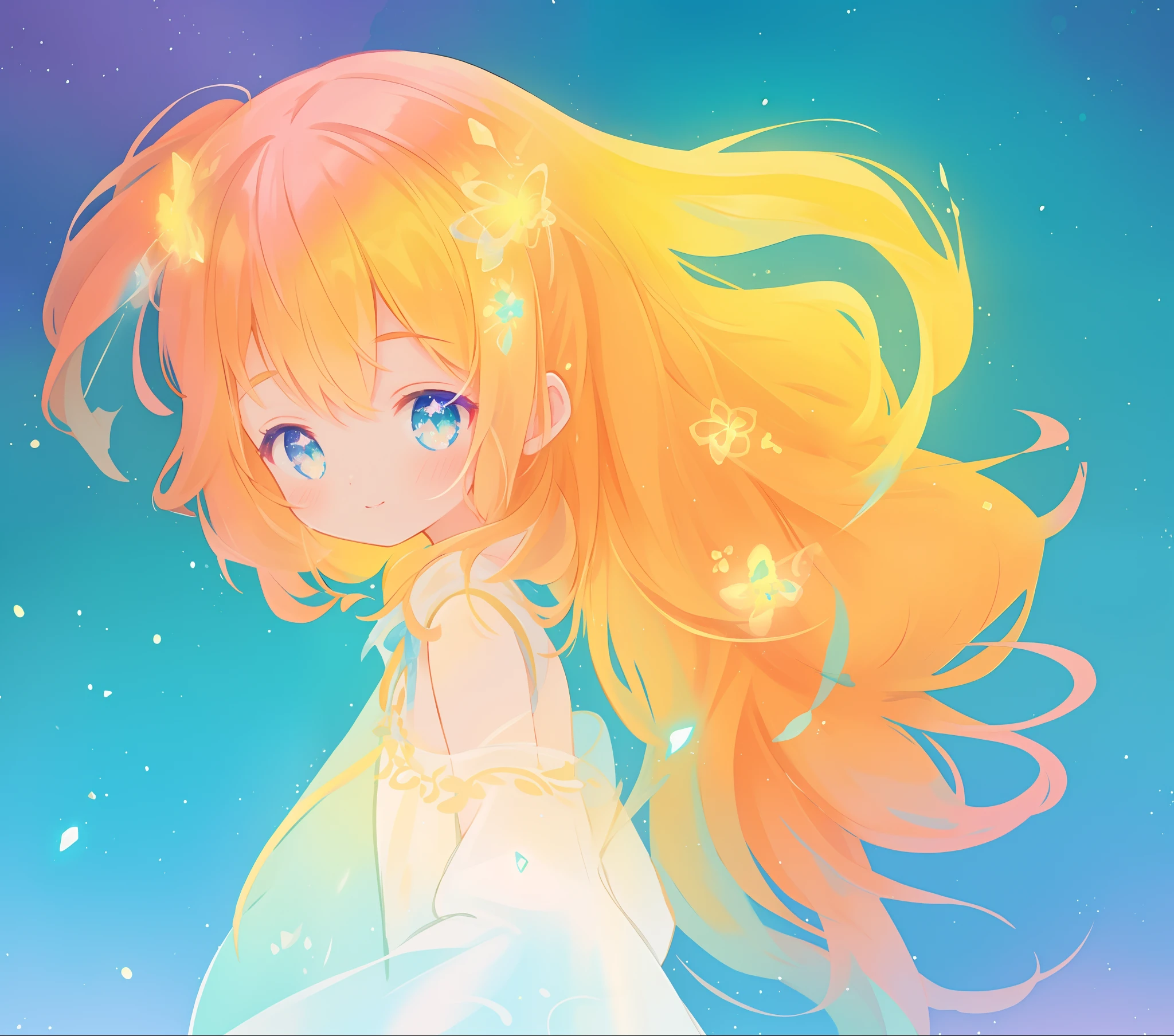 beautiful girl, flowing white gown, vibrant pastel colors, (colorful), magical lights, long flowing golden hair, inspired by Glen Keane, inspired by Lois van Baarle, disney art style, by Lois van Baarle, glowing aura around her, by Glen Keane, jen bartel, glowing lights! digital painting, flowing glowing hair, glowing flowing hair, beautiful digital illustration, fantasia background, whimsical, magical, fantasy, beautiful face, ((masterpiece, best quality)), intricate details, highly detailed, sharp focus, 8k resolution, sparkling detailed eyes, liquid watercolor