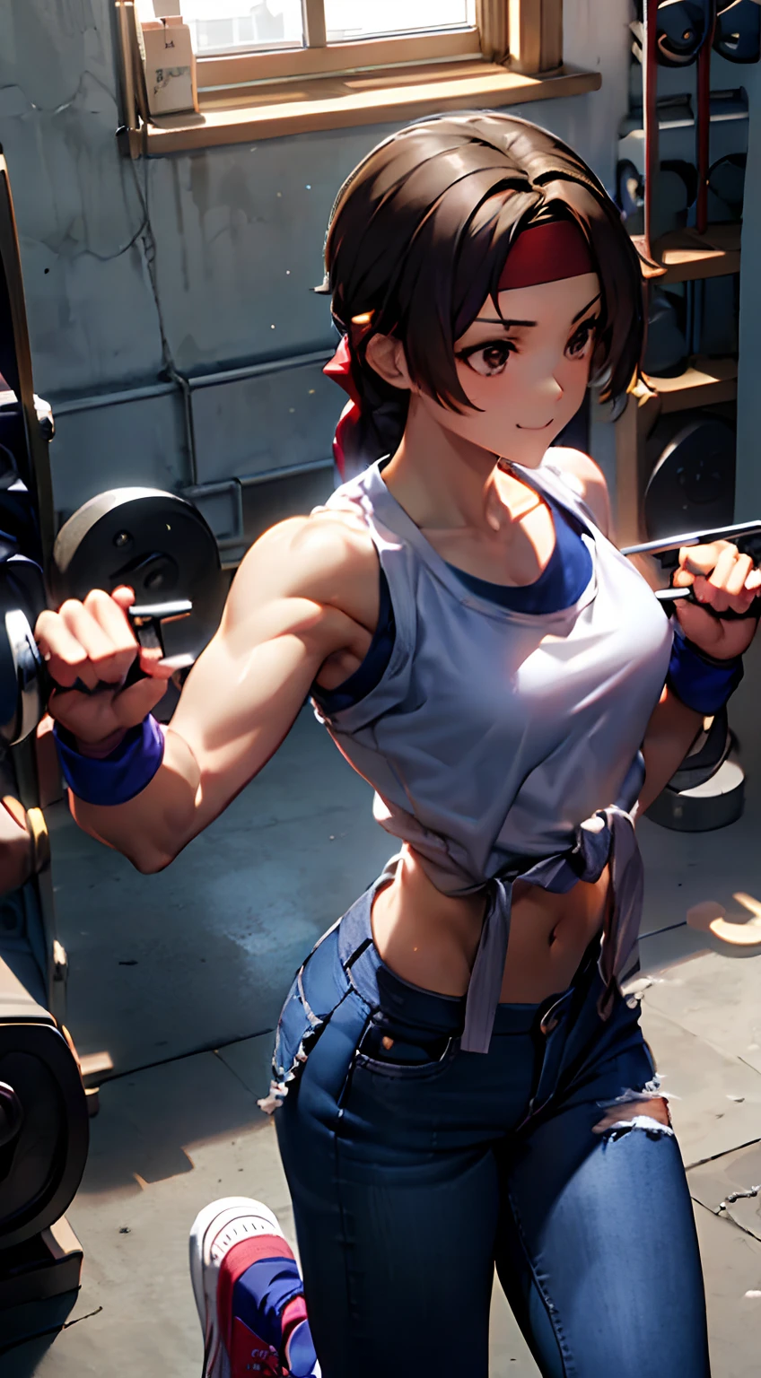 fit body,solo, 8k, desktop wallpaper, 16:9, Yuri, Gym, protein powder, , weights, window, sky, clouds, White T-shirt tied to show abs, tight blue jeans, ripped jeans, slight smirk, detailed sneakers, : yurims, headband,@Cozy