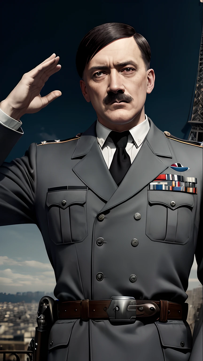 adolf  God emperor pf mankind, masterpiece, highest quality,  (solo focus), (perfect face:1.1), (high detail:1.1),dramatic, 1guy, (pale skin), black hair, Adolf, blue eyes, square toothbrush mustache, solo, Adolf , toothbrush mustache, arm to the sky, salute, swastika, crescent moon, night, officer suit, fascist salute,  covered in metals, square toothbrush mustache, brown suit, paris city, eifel tower, detailed background, gothic renaissance, cinematic lighting, roman salute