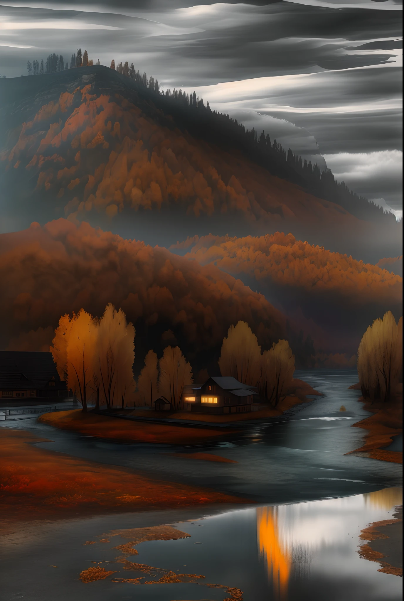 autumn scenery,Cloudy mountains,house,river water,inverted image