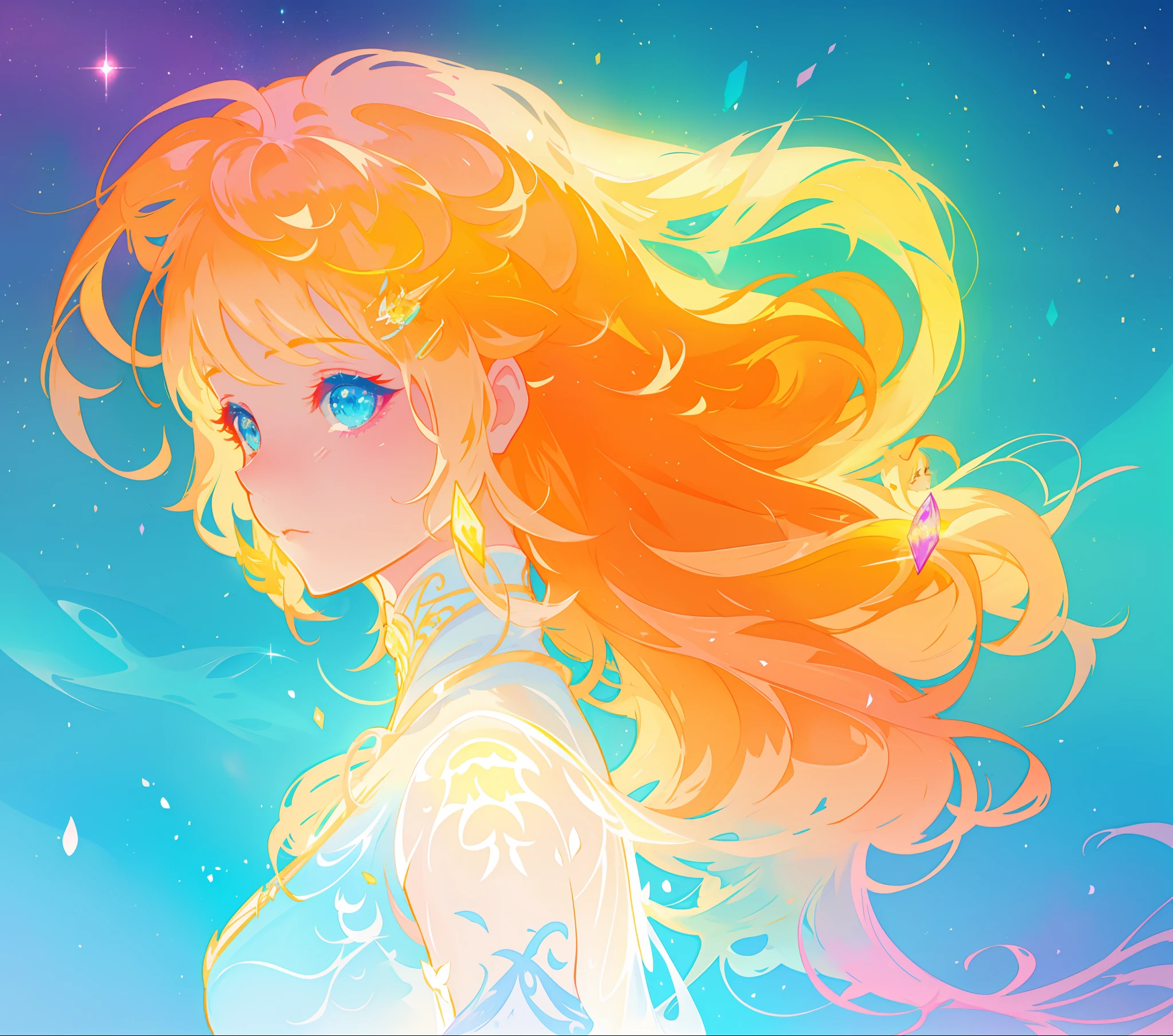 beautiful girl, flowing white gown, vibrant pastel colors, (colorful), magical lights, long flowing golden hair, inspired by Glen Keane, inspired by Lois van Baarle, disney art style, by Lois van Baarle, glowing aura around her, by Glen Keane, jen bartel, glowing lights! digital painting, flowing glowing hair, glowing flowing hair, beautiful digital illustration, fantasia background, whimsical, magical, fantasy, beautiful face, ((masterpiece, best quality)), intricate details, highly detailed, sharp focus, 8k resolution, sparkling detailed eyes, liquid watercolor