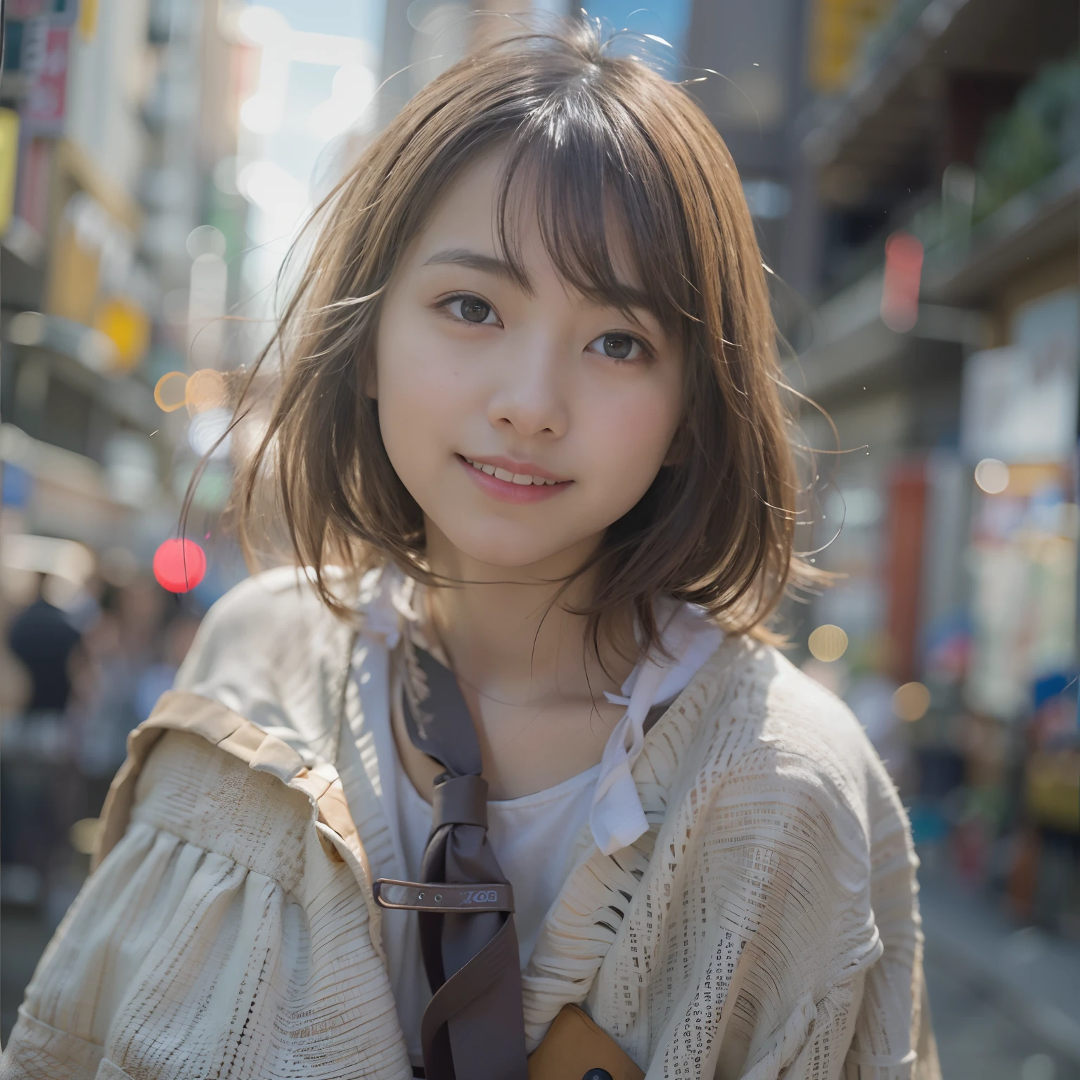 女の子1人、on tokyo street、A city scape、The upper part of the body、a closeup、A smile、、(8K、Raw photography、top-quality、​masterpiece:1.2)、(realisitic、photoRealstic:1.37)、Highly detailed eyelash drawing、(((Top image quality))),small tit、Fine skin, (Beautiful hair), (Perfect Anatomy), (Realistic), (Dynamic Angle), Pose Seductive,Perfect,Sensual look、top-quality、hight resolution、Happy smile