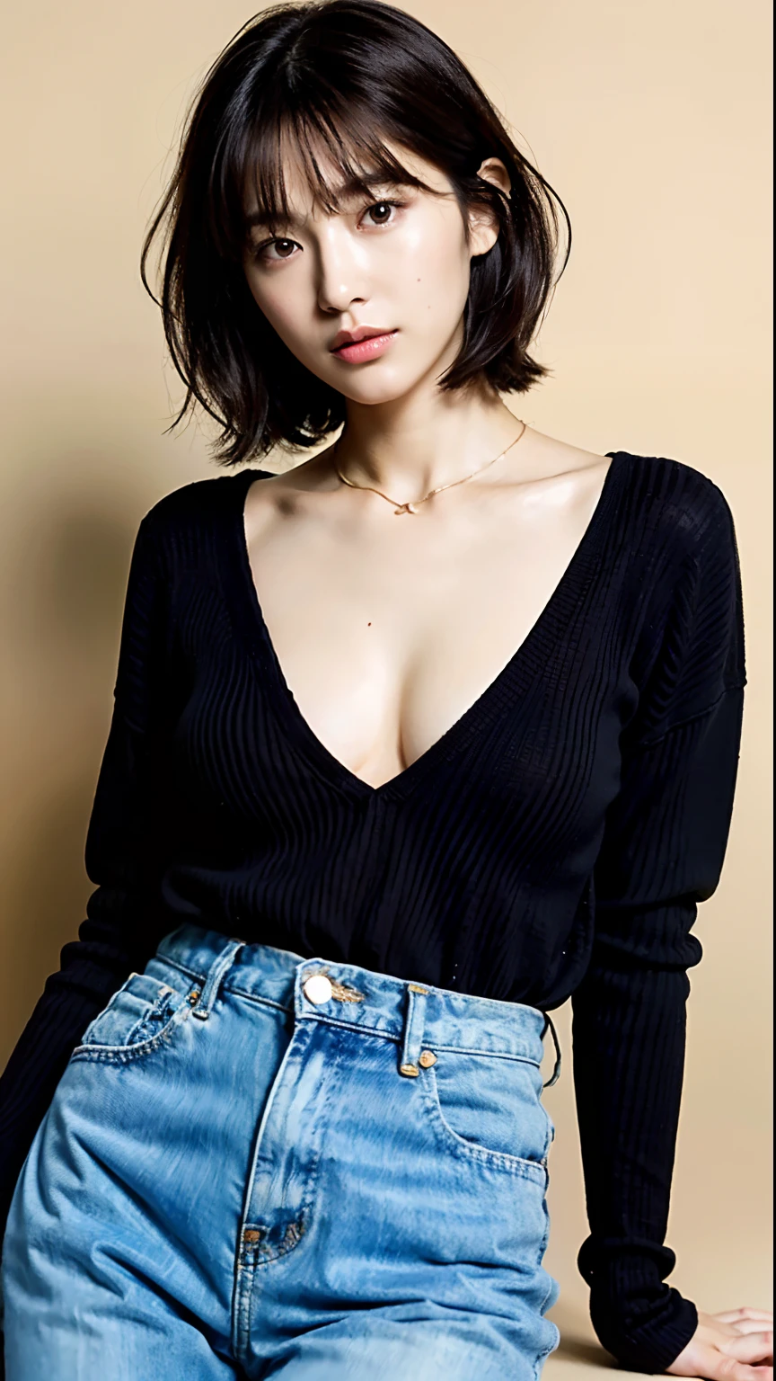 (top-quality、8K、32K、​masterpiece)、Photo of a cute Japanese woman、large full breasts、huge tit、Nipples are almost visible、very short bobbed hair、sface focus、Oversized_Sweaters、a necklace、simple background、From  above、looking at the viewers、Full body shooting、denim pant、ultra-sexy、beauty legs、Seductive legs、