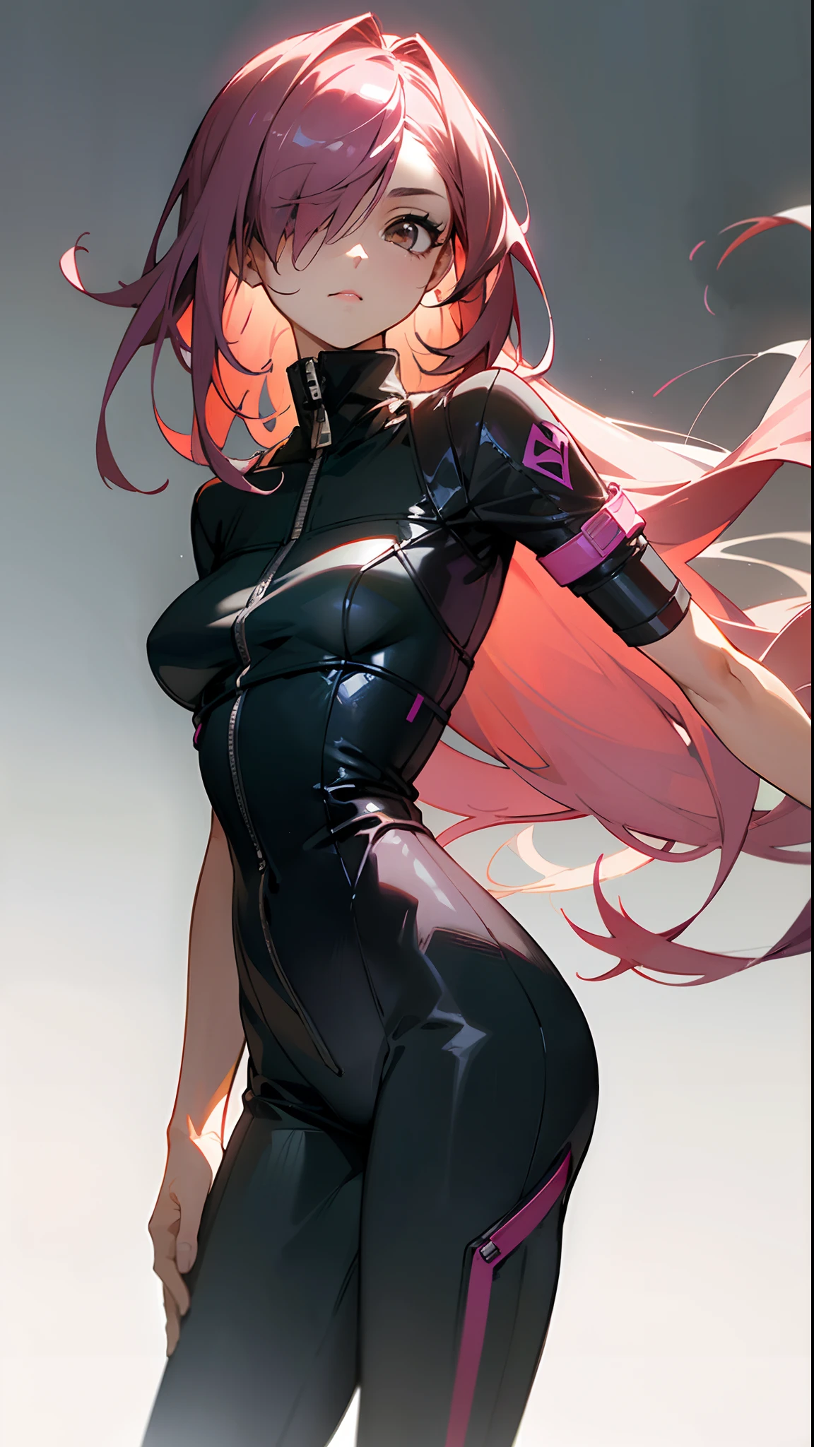 (masterpiece, best quality:1.3),beautiful detailed glow,best illuminate,(((best quality,textile shading,ultra detailed))),extremely detailed CG unity 8k wallpaper,Highly Detailed beautiful and aesthetic,best light,high resolution,detailed,dynamic lighting , 1Character , pastel washed out colors , cell shade , soft, muted shades ,gentle colors ,sword art online art style
She wears a fitted, one-piece jumpsuit in a sleek, deep black color with subtle sheen, The jumpsuit features a high neckline and a zipper that extends from the neck down to the waist, jumpsuit has short sleeves with a white Nike logo on each arm, jumpsuit extends into slim-fit, full-length pants with a tapered design, The pants have a white stripe running along each side,
Beautiful woman , very long hair , spiky hair , brown eyes , magenta hair , hair over one eye , age 36
