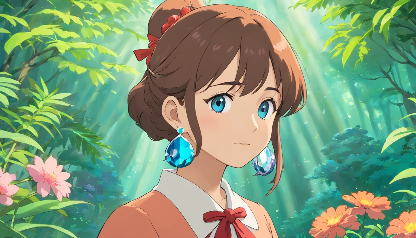 a girl wearing an anime collar, a long necklace and earrings, in the style of tranquil gardenscapes, colorful animation stills, masami teraoka, aquamarine, paul gauguin, Embry style, honest portrayal