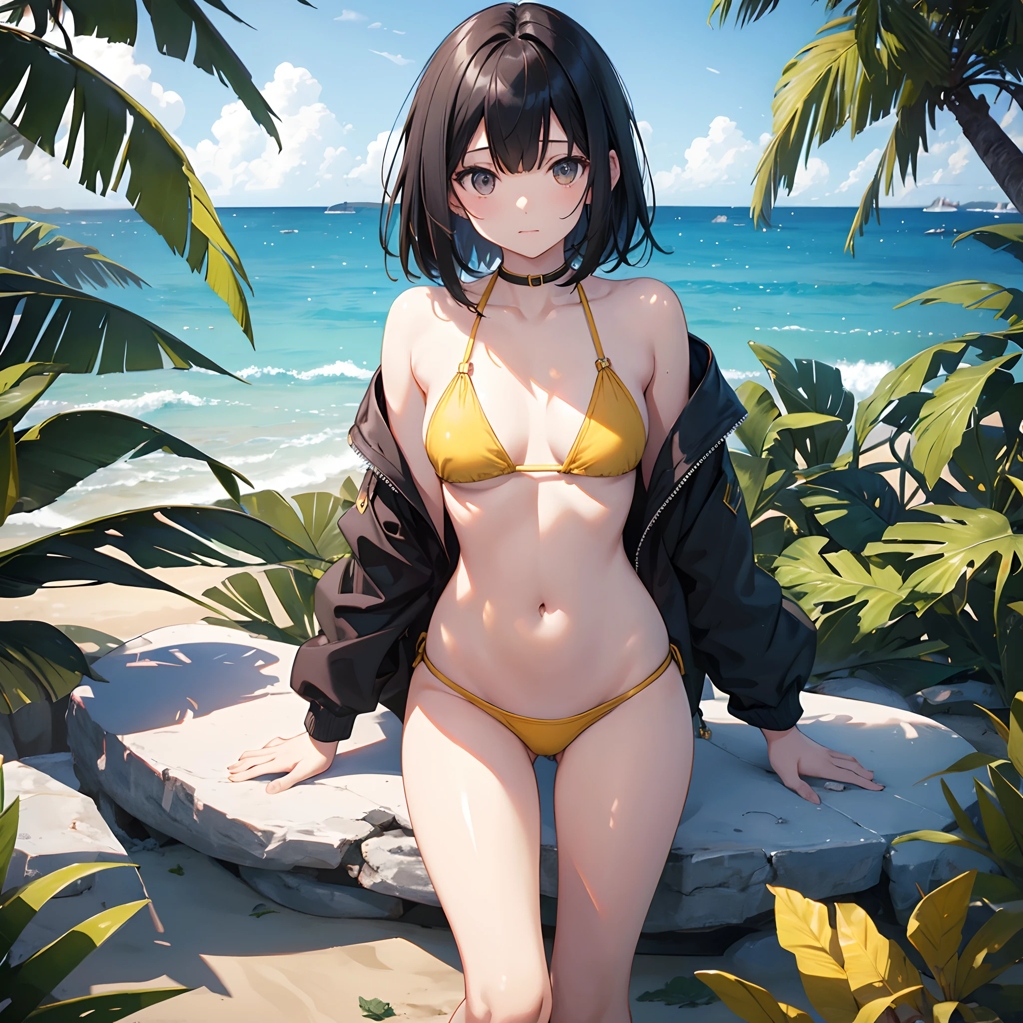 naked woman、shoulder-length black hair、24 year old、Medium bob、the beach、top-quality、Yellow Bikini、hidden hand、Navel Ejection、teats、