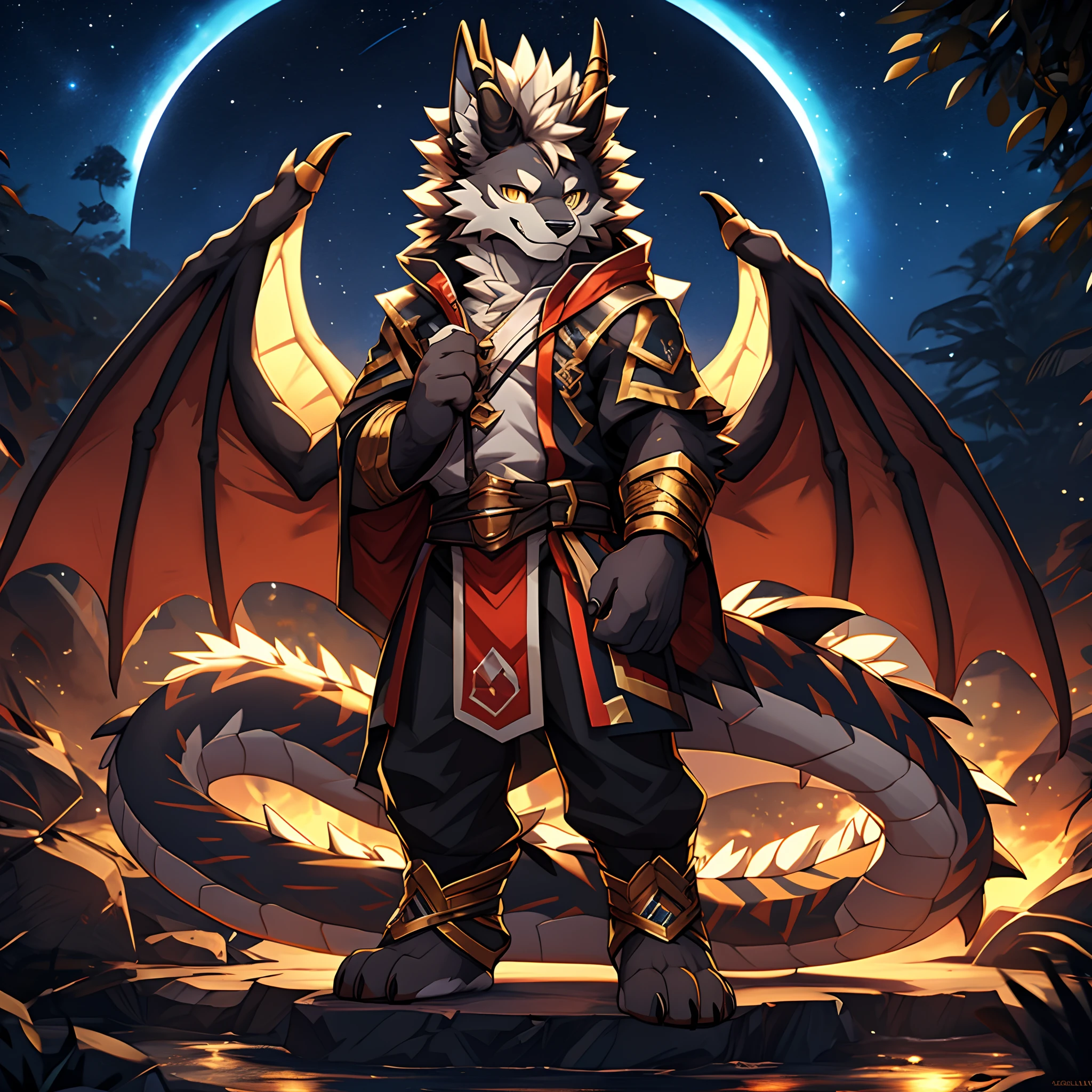 "Dragon Man, Dragon's horn，Furry wolf-like head, Fluffy hair, Hairy fur, A pair of dragon wings, Exudation of liquid, Black skin, Chemical and biological weapons, Gold stripes,, Dark night, starrysky, ,Incredibly handsome, Cute paw pads, Individual characters, Fluffy fur, Incredibly fluffy fur, A pair of dragon wings chemical and biological weapons, Gold stripes, Dark night, starrysky，Irresistibly cute, A charming smile, Extremely handsome, Cute paw pads, Stretch out your palm) (Best quality, 4K, High-res, Masterpiece:1.2), Ultra-detailed, (Realistic, Photorealistic, photo-realistic:1.37), sportrait, Full body like，standing on your feet，Sirius A and Sirius B，Higher height
