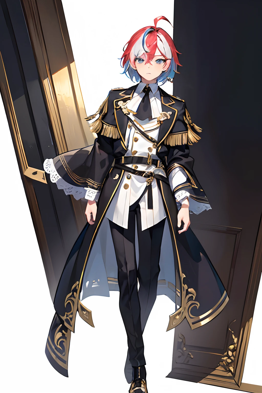 ((ultra-detailed)),best quality,[masterpiece],(1 man),solo,((full body)),(wearing shoes on feet),masterpiece,high zuality, a young man,((good looking)), streaked hair,bangs,hair,ornament,multicolored hair,streaked hair,ahoge,complex cloth, arms at sides,((good looking)),(upright),standing,virtual youtuber,young man,[[blush]],concept art, solo,ung man,((full length)),wearing boots,((looking at biewer)),((View front)),white background,simple background,,(uselessness),young man, beautiful detailed eyes, (good looking),((an extremely delicate and beautiful)),make the eyes the same shape and color on both sides,