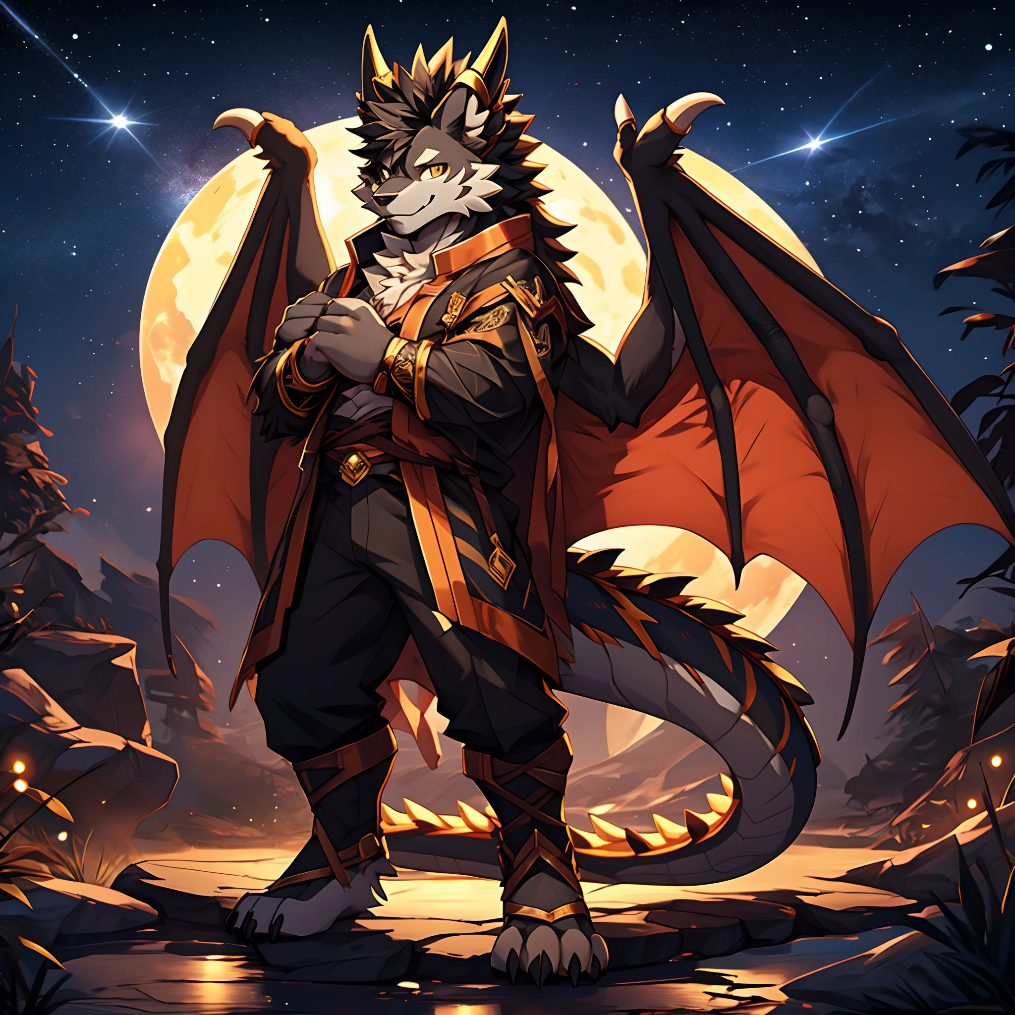 "Dragon Man, Dragon's horn,Furry wolf-like head, Fluffy hair, Hairy fur, A pair of dragon wings, Exudation of liquid, Black skin, Chemical and biological weapons, Gold stripes,, Dark night, starrysky, ,Incredibly handsome, Cute paw pads, Individual characters, Fluffy fur, Incredibly fluffy fur, A pair of dragon wings chemical and biological weapons, Gold stripes, Dark night, starrysky,Irresistibly cute, A charming smile, Extremely handsome, Cute paw pads, Stretch out your palm) (Best quality, 4K, High-res, Masterpiece:1.2), Ultra-detailed, (Realistic, Photorealistic, photo-realistic:1.37), sportrait, Full body like,standing on your feet,Sirius A and Sirius B,Higher height