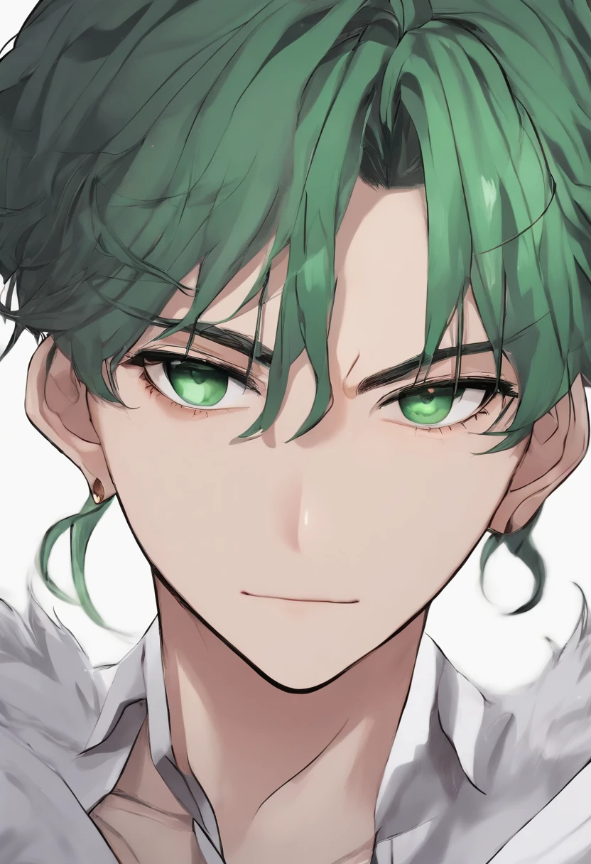 (master part, melhor qualidade), obra prima, 8K分辨率, DBfantasyart style, anime style, retrato de um garoto, 1boy, 20 anos, cabelo branco em formato de rabo de cavalo, olhos verdes brilhantes, close-up, roupas pretas, fundo branco, fundo simples