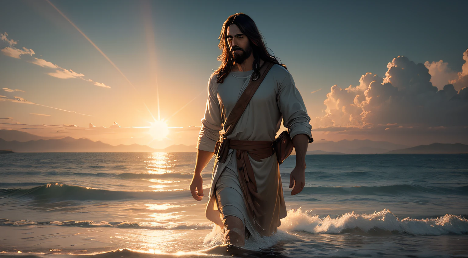 Jesus walking in the water with the sun shining on him, epic realist, day time, cinematic, establishing shot, extremely high detail, photorealistic, cinematic light, artstation, epic scenery, cinematic shot, realistic, film grain, volumetric light, IMAX, photorealistic, Mysterious, Highly Detailed