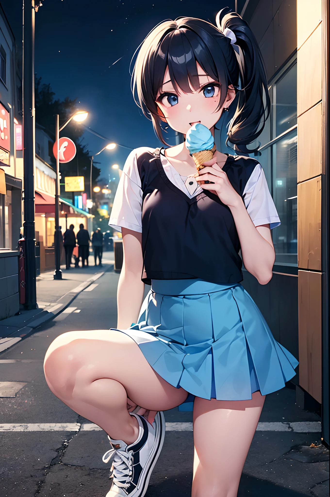 (Girl with a nasty appearance:1.3)、(natta:1.5)、(and chest:1.4)、Raw photography, top-quality, hight resolution, (masterpiece), (Photorealsitic:1.4), (Mole under the eyes),Anime Cosplay, foco nítido, nffsw, 8K分辨率, intricate detailes, depth of fields, the Extremely Detailed CG Unity 8K Wallpapers, front lit, femele,25-years old、 Happy face、(Side ponytail hair:1.5)、(In his right hand he holds an ice cream:1.5)、see -through、(Medium blue hair)、blue eyess,(Skirt to trainers:1.5)、(Park at night:1.3)、shining sky