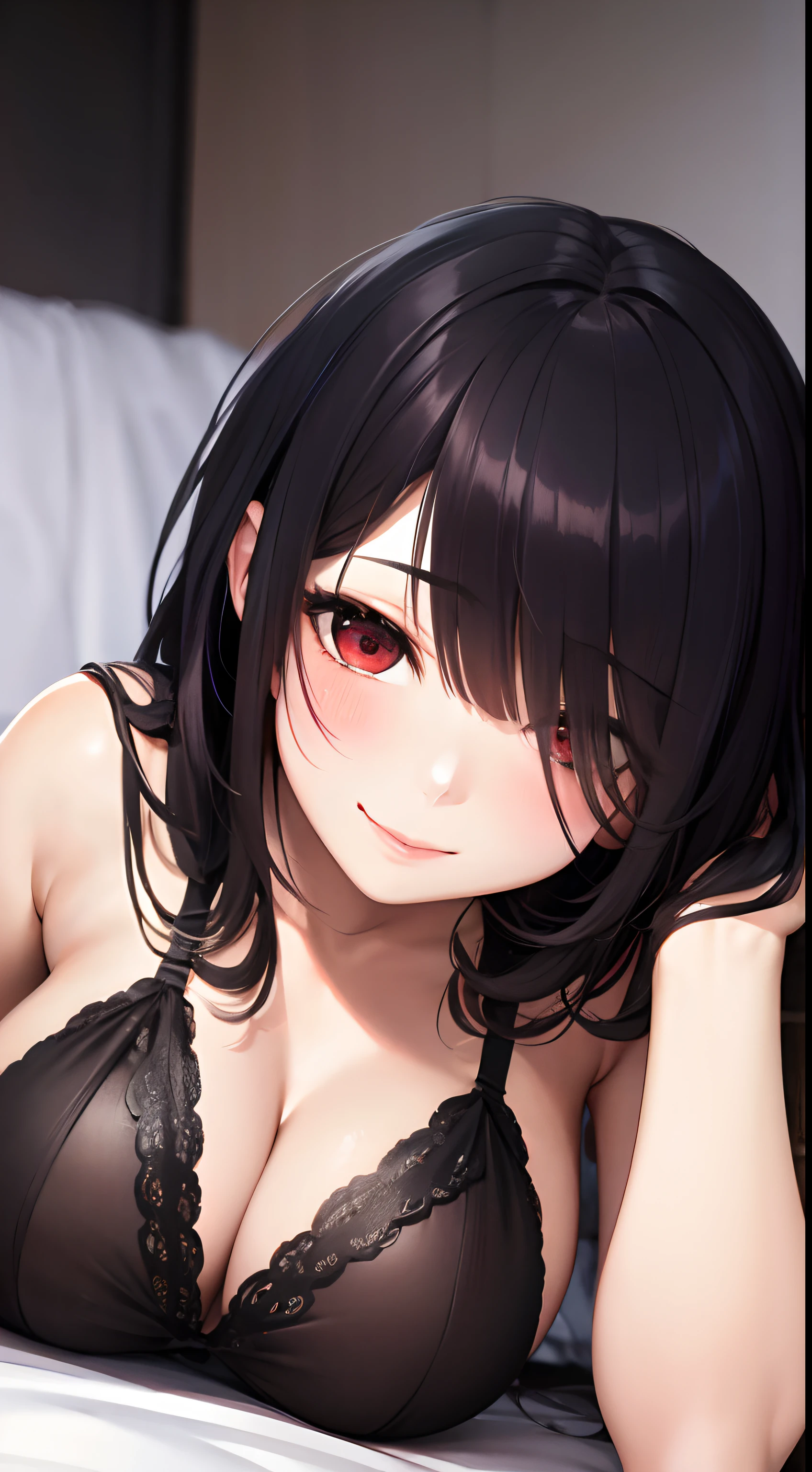 masterpiece, best quality, HD, 4K, Ultra-high resolution, Extreme Detail, Super detailed,beautiful eyes, beautiful hair, Beautiful side, beautiful skin, Kurumi, black hair, red eyes, bangs covering the left eye,long hair, big breasts, see-through nightgowns,lying on your back, ahegao, blush, Charming smile, Close-up, bed