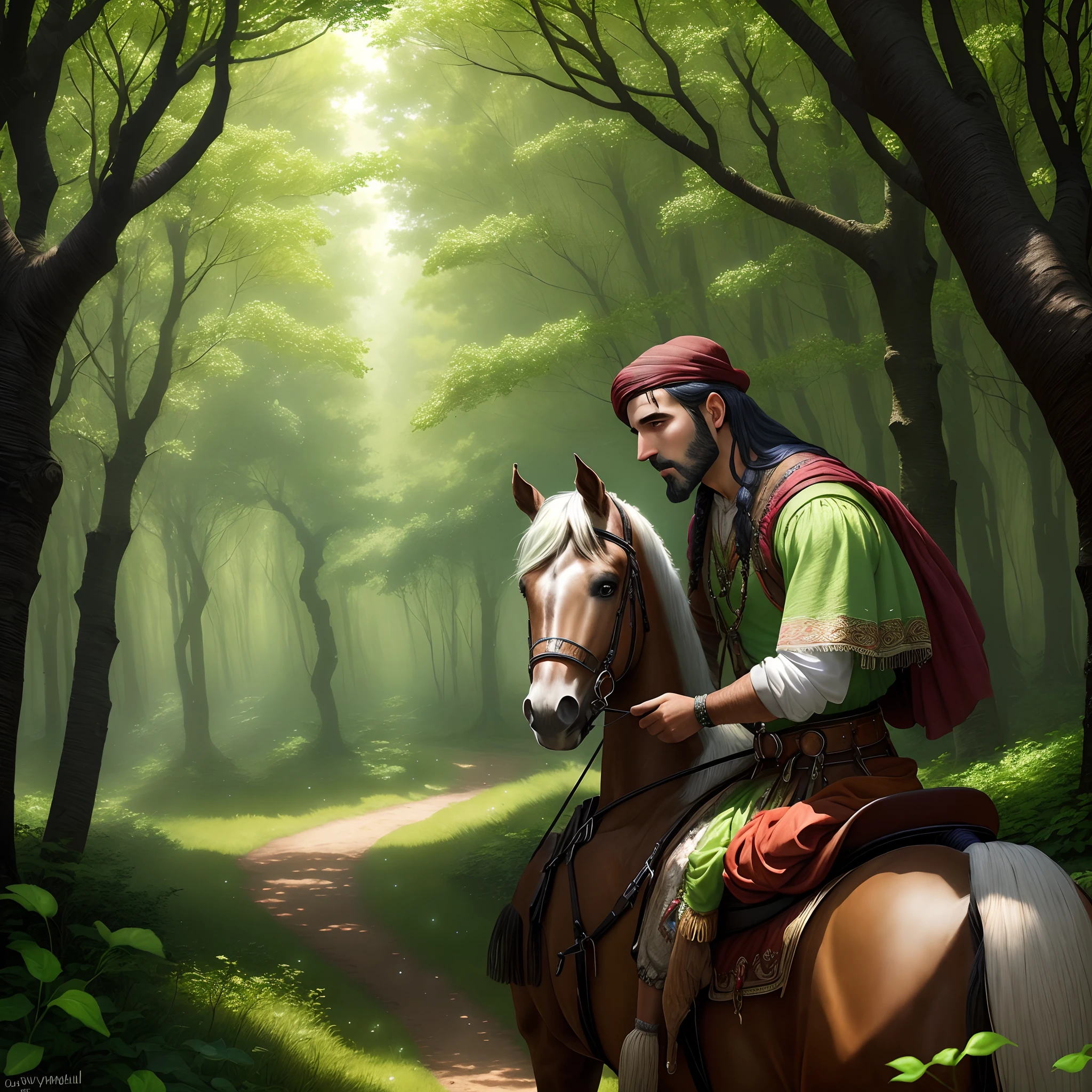 Gypsy man on horse in enchanted forest with small green luminous dots in the scenery