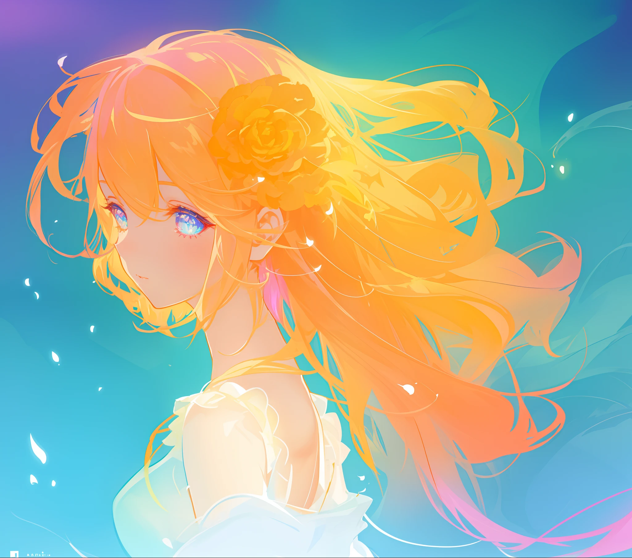 beautiful girl, flowing white gown, vibrant pastel colors, (colorful), magical lights, long flowing golden hair, inspired by Glen Keane, inspired by Lois van Baarle, disney art style, by Lois van Baarle, glowing aura around her, by Glen Keane, jen bartel, glowing lights! digital painting, flowing glowing hair, glowing flowing hair, beautiful digital illustration, fantasia background, whimsical, magical, fantasy, beautiful face, ((masterpiece, best quality)), intricate details, highly detailed, sharp focus, 8k resolution, sparkling detailed eyes, liquid watercolor