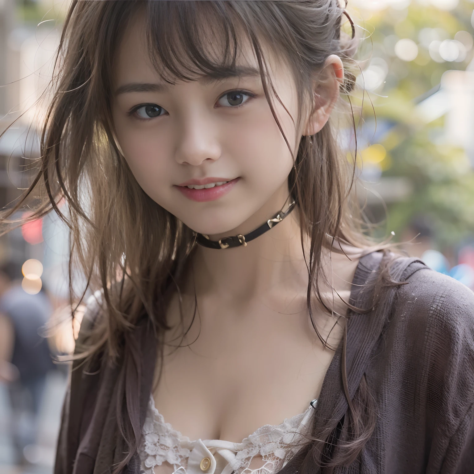 女の子1人、on tokyo street、A city scape、The upper part of the body、a closeup、A smile、、(8K、Raw photography、top-quality、​masterpiece:1.2)、(realisitic、photoRealstic:1.37)、Highly detailed eyelash drawing、(((Top image quality))),small tit、Fine skin, (Beautiful hair), (Perfect Anatomy), (Realistic), (Dynamic Angle), Pose Seductive,Perfect,Sensual look、top-quality、hight resolution、Happy smile