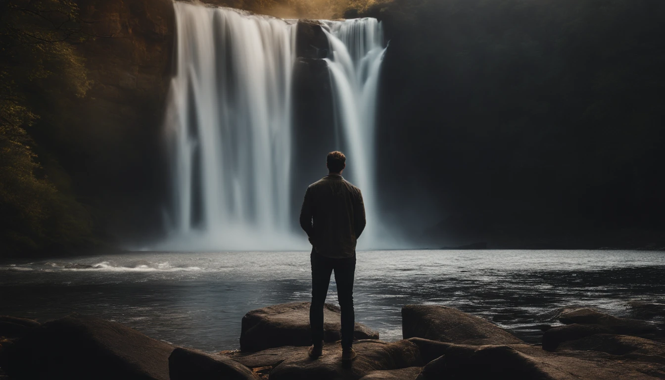 a photo of a guy standing in front of a waterfall