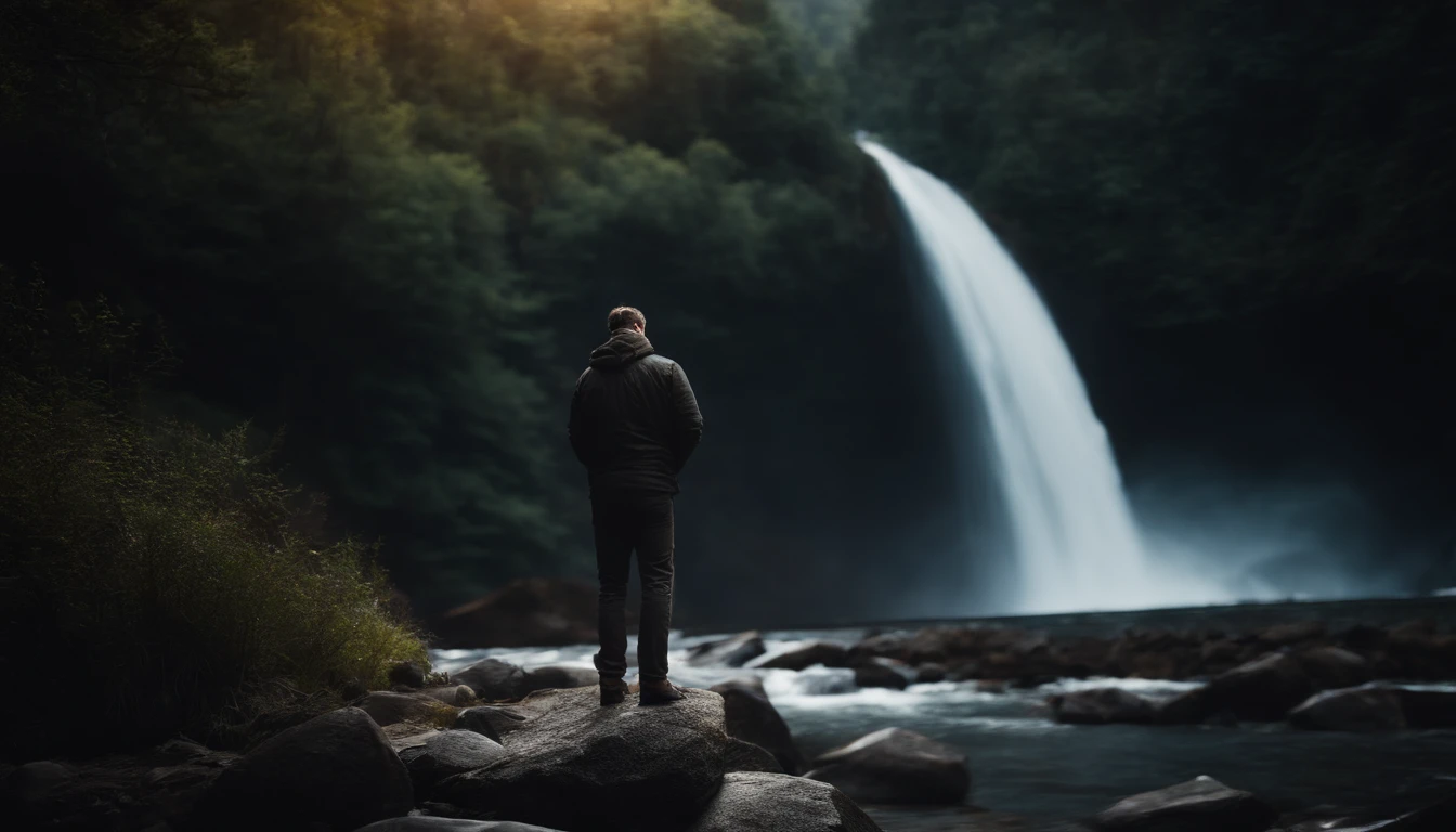a photo of a guy standing in front of a waterfall