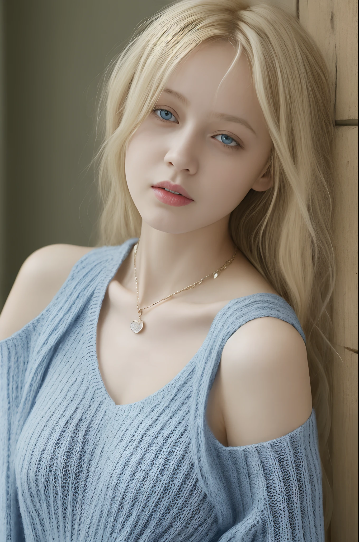 1girl in, Age 19, Yui, The long-haired, Colossal tits, look at viewr, long to, Anne Odentrish, Windigue Blonde Hair, blue eyes, bare shoulders, jewely, full body Esbian, a necklace, Schulterfly, Sweaters, reallistic, A sexy