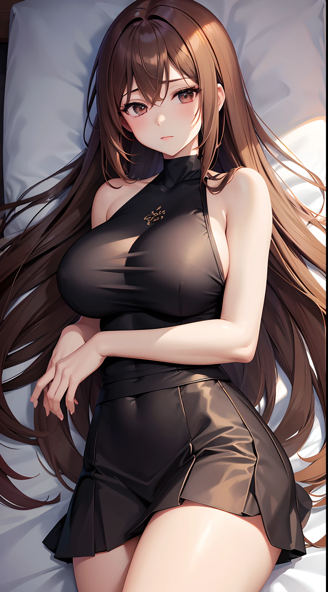 anime girl in a black singlet & skirt, laying on the bed, long caramel colour hair, brown colour eyes, seductive anime girl, beautiful alluring anime woman, [ 4 k digital art ]!!, breasts covered and sfw, beautiful alluring anime teen, big breasts!, big breasts!!, with large breasts, sfw huge breasts, with a large breasts, | fine detail anime, smooth anime cg art, sleeping pose, slim waist, perfect body figure