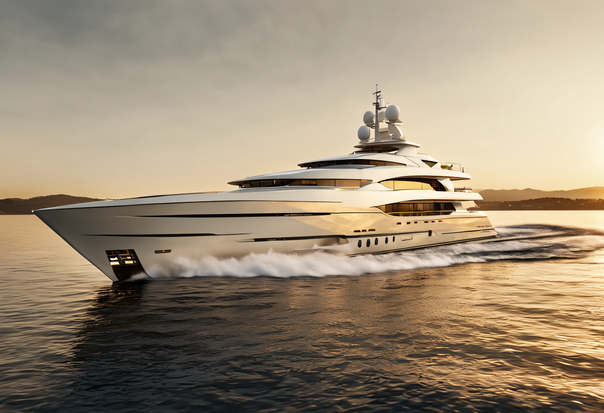 a large white boat floating on top of a body of water, a digital rendering, renaissance, on a super yacht, taken at golden hour, award winning shading, rendering of checkmate, rich colour, taken in the early 2020s, elegant gold body, photo from the side, three quarter profile, perfectly symmetrical, middle shot, grain”