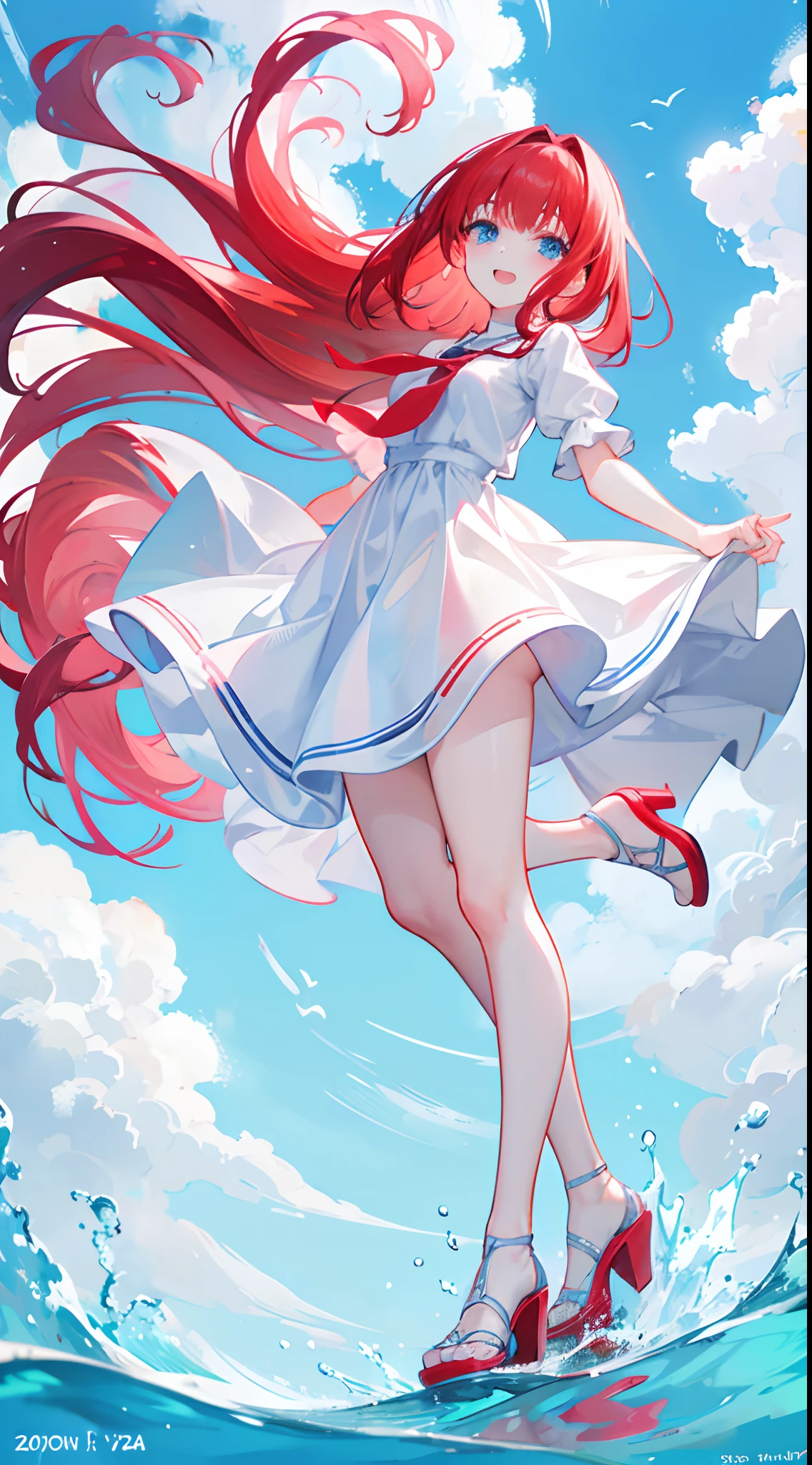 Zong's red hair,long whitr hair,Neat bangs,Qi bangs,Lake blue eyes,adolable,s girl,White gorgeous beautiful dress,Wearing white high heels on his feet,Stand on the water with your feet,Full body photo from the side,All body,Fingers and arms are not exposed,background ocean,with blue sky and white clouds,Happy and happy expression,Cute gestures
