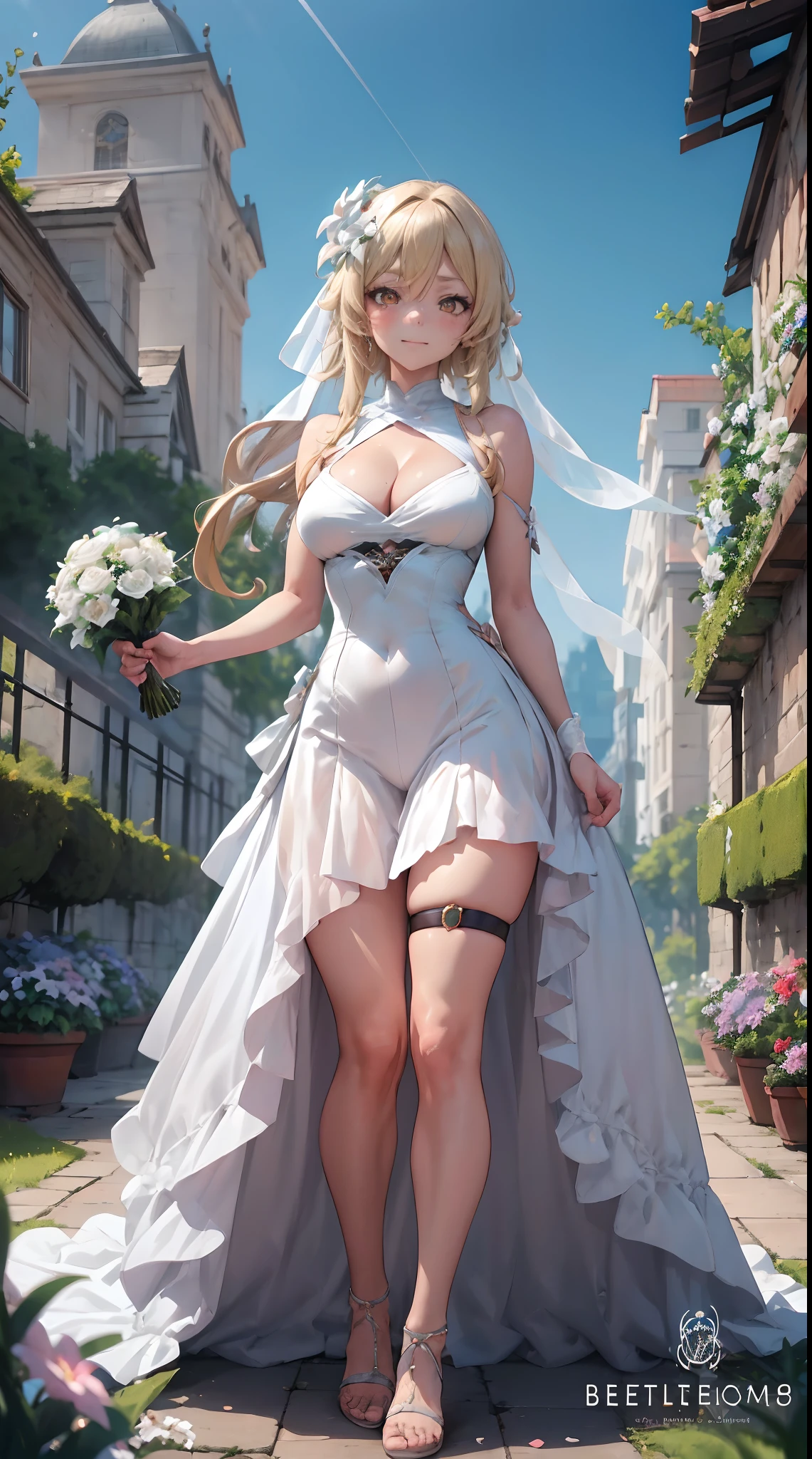 Lumine | genshin impact, master-piece, bestquality, 1girls,25 years old, proportional body, proportional., Wedding Dresses, White Wedding Dress, Long skirt, wedding, mediuml breasts, ,bara, Standing in the middle of a flower garden, outdoor, wedding, The sky is beautiful, Both hands hold a bouquet of flowers........., View viewers from the front., Thigh strap, Head tilt, bored, 10, 10, HD, slight smile,
