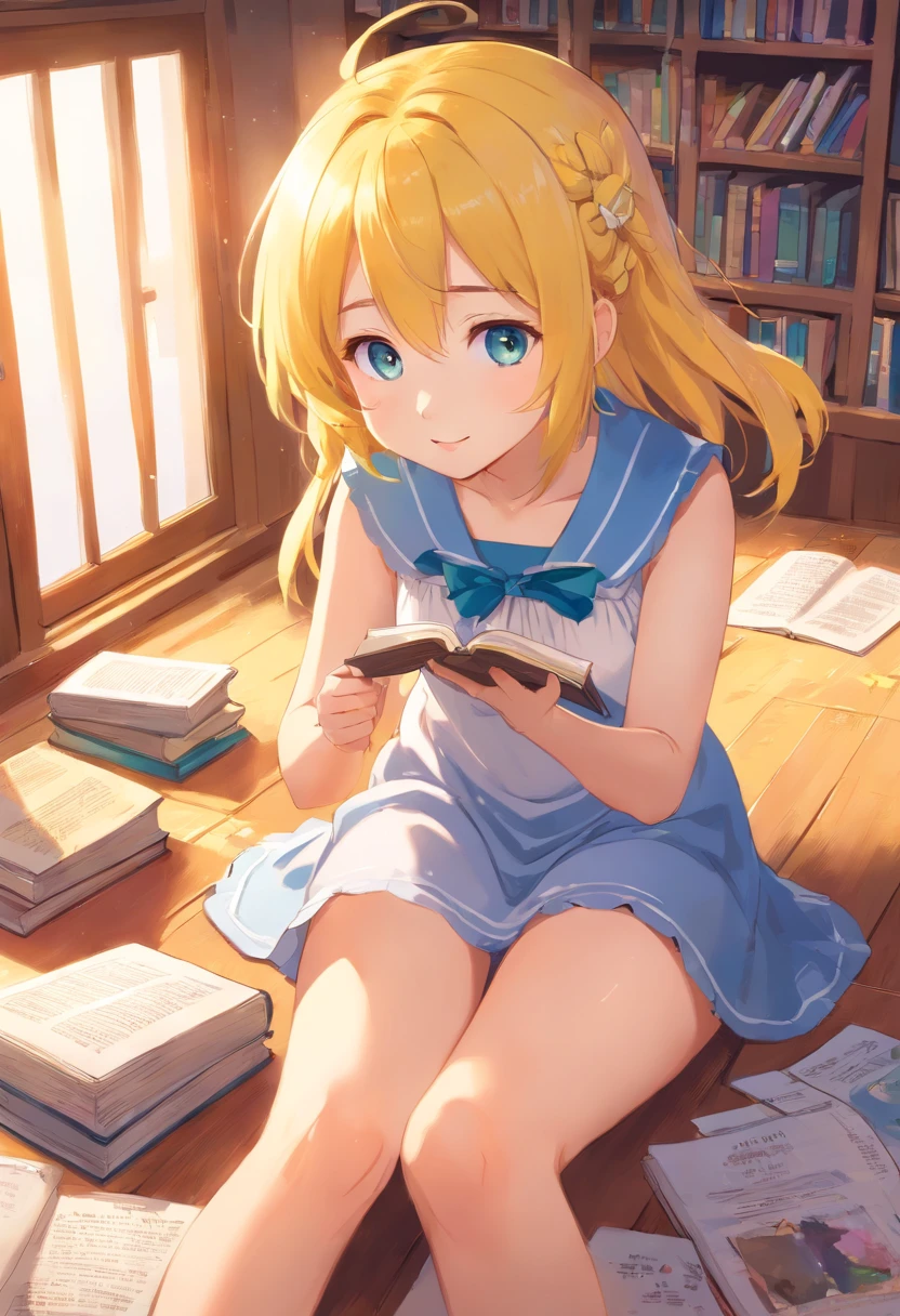 Cute loli，Barefoot，Tummy down，head looking up，yellow hair, blue eyes, Raise your feet，shift dresses，white  panties，largeeyes，Anime cute face，looking at book，Wet da