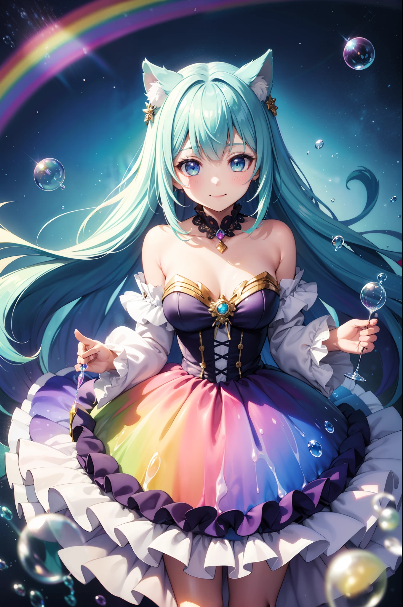 masutepiece, Best Quality, Intricate details,Beautiful Girl, Light blue long hair, Twin-tailed, A charming smile, Sparkling eyes, Otherworldly liquid fantasia background, watercolor paiting, bright vivid colors, capricious, Colorful, Layered Tiered Puffy Long Sleeve Ball Gown, ((iridescent rainbow bubbles))