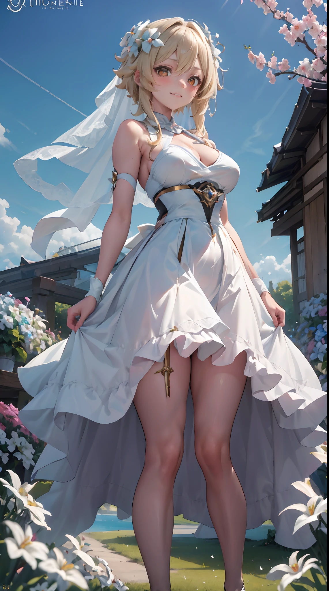 Lumine | genshin impact, master-piece, bestquality, 1girls,25 years old, proportional body, proportional., Wedding Dresses, White Wedding Dress, Long skirt, wedding, mediuml breasts, ,bara, Standing in the middle of a flower garden, outdoor, wedding, The sky is beautiful, Both hands hold a bouquet of flowers........., View viewers from the front., Thigh strap, Head tilt, bored, 10, 10, HD, slight smile,